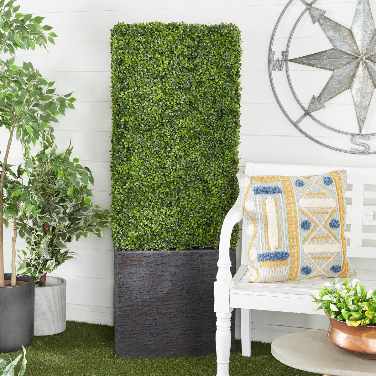 Faux Foliage Boxwood Hedge Tall Topiary with Realistic Leaves and Black or White Planter Box - Green - Roche River Decor