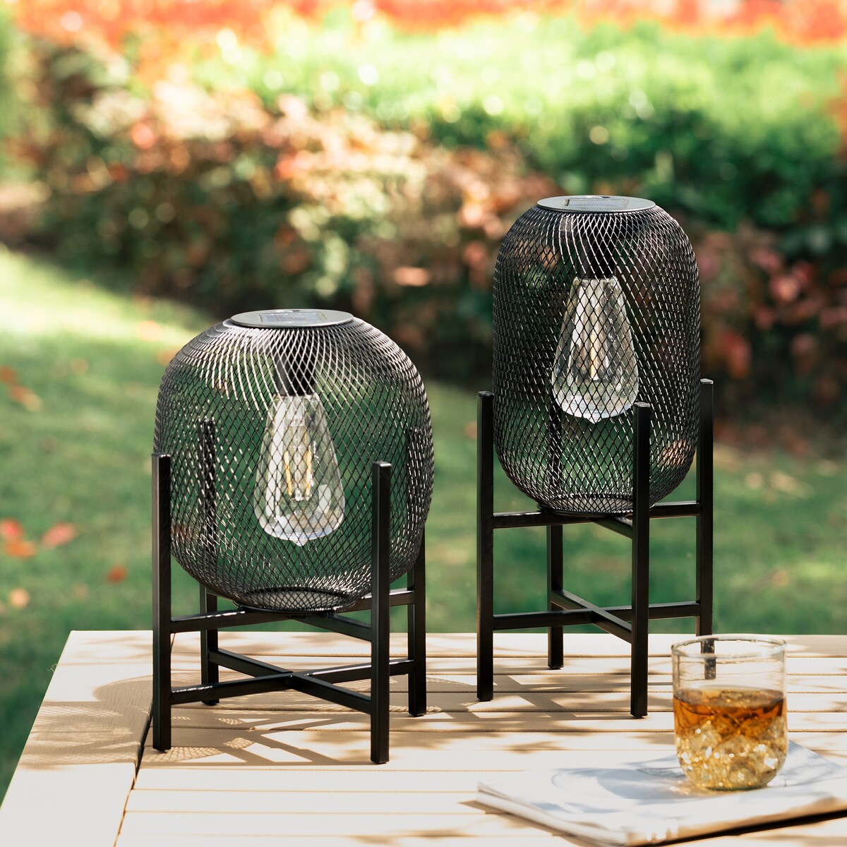 Glitzhome Set of 2 Metal Black Solar Powered Outdoor Lantern with Stand