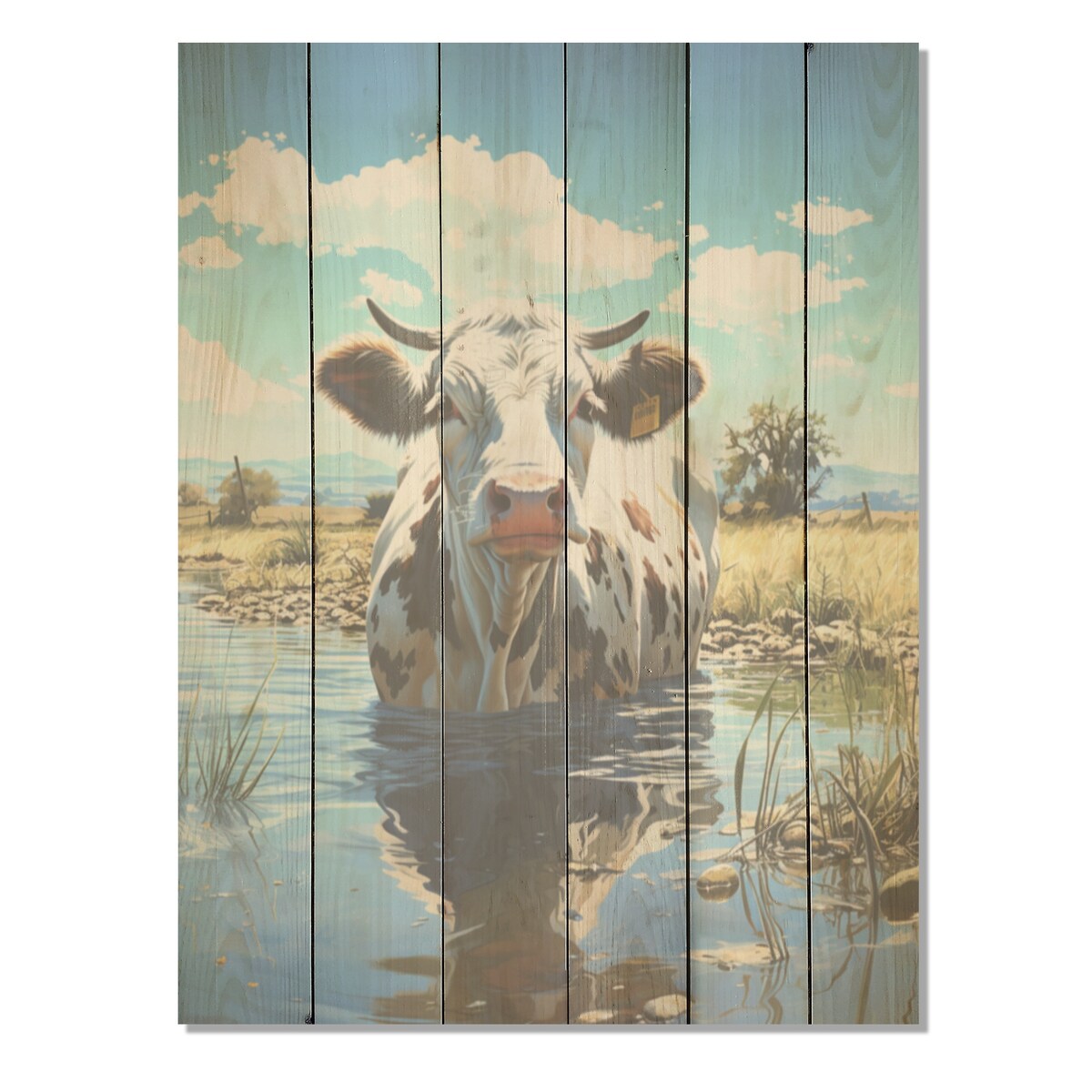 Designart Cow In Tranquil Pasture Cow Wood Wall Decor - Modern Green Wood Panel On Natural Pine Wood