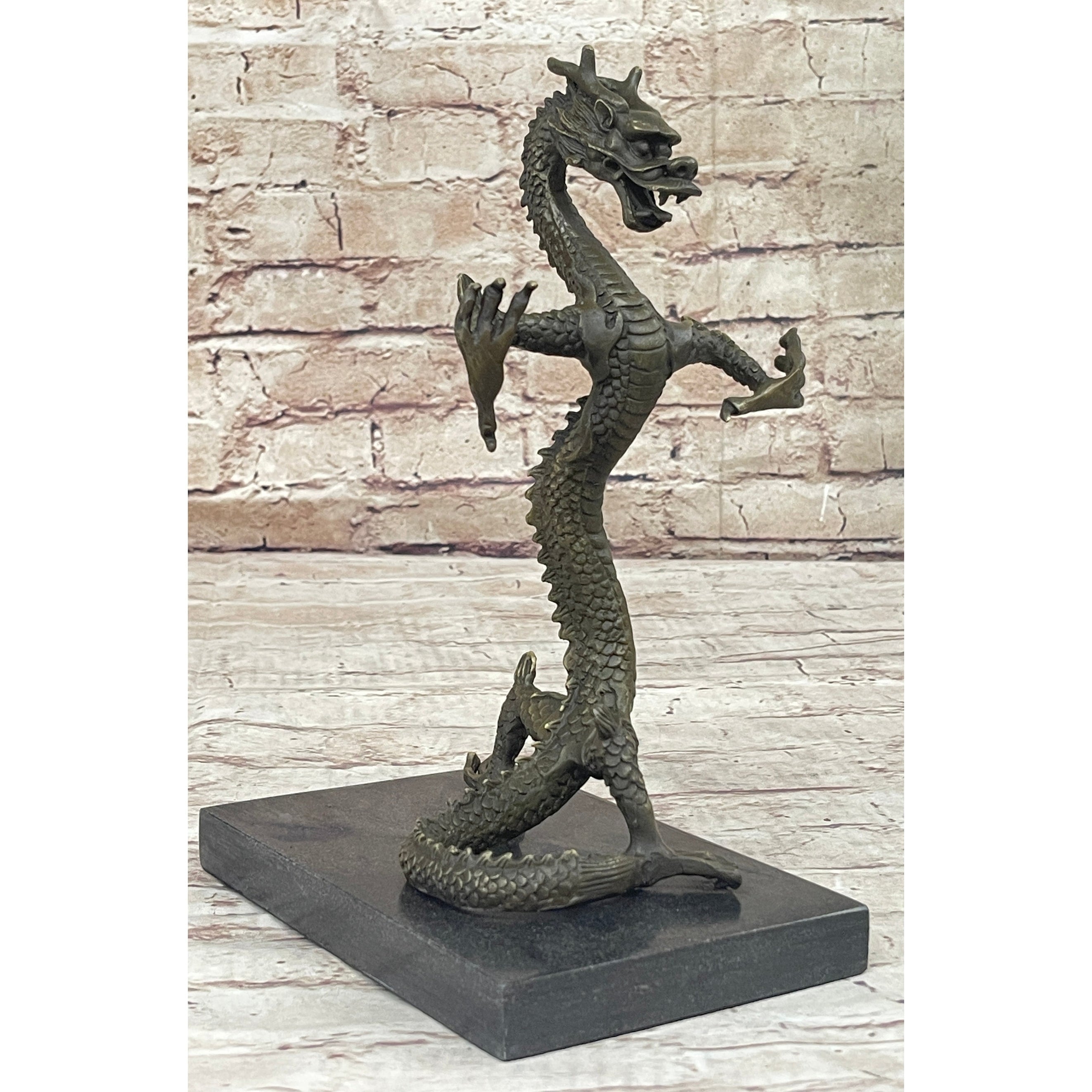 Skinny Chinese Dragon Bronze Sculpture Statue Figure On Marble Base