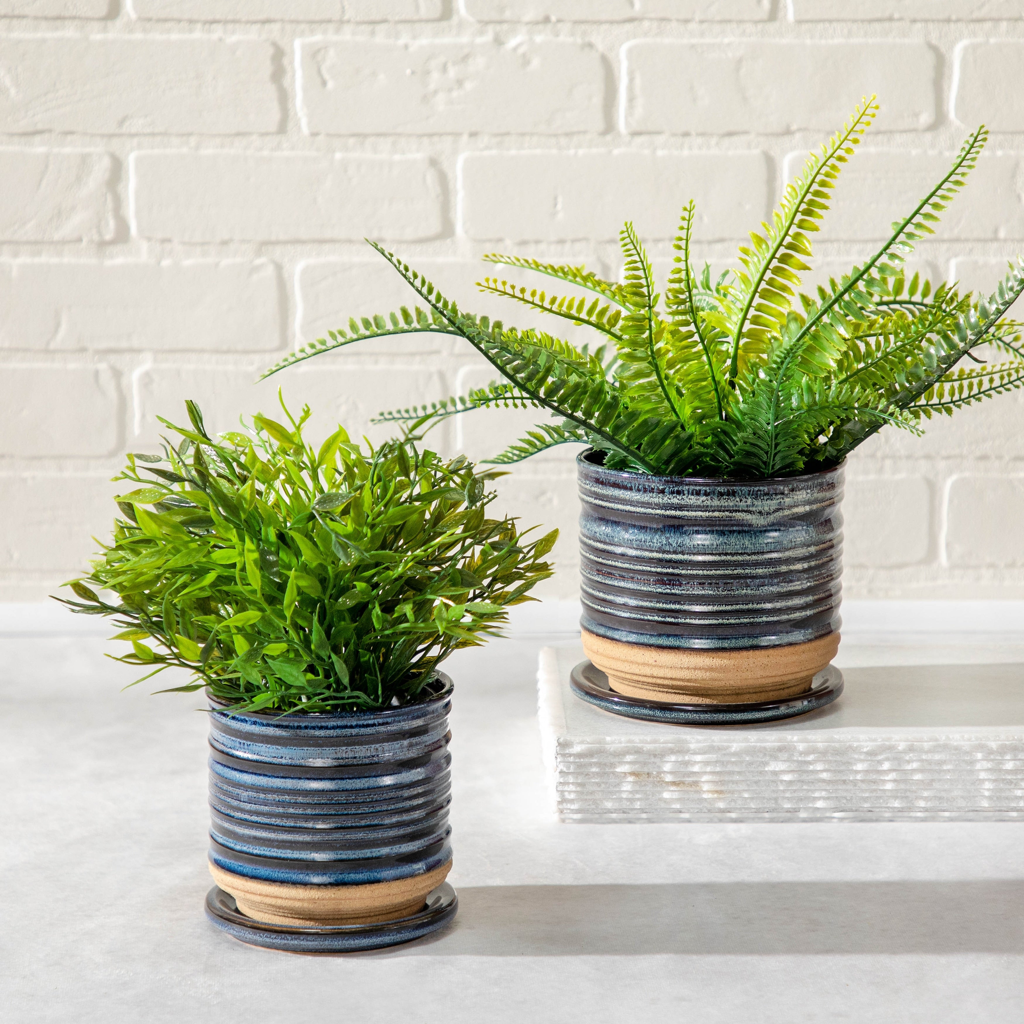 Sagebrook Home 5 Planter Ceramic Blue Planter with Contemporary Textured Ridged Design Indoor or Outdoor - 5 x 5 x 5