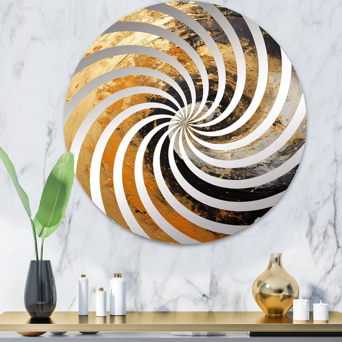 Designart Gold Black Desert Mirage Spiral I Abstract Spirals Gold Wall Mirror - Modern Large Mirror For Living Room