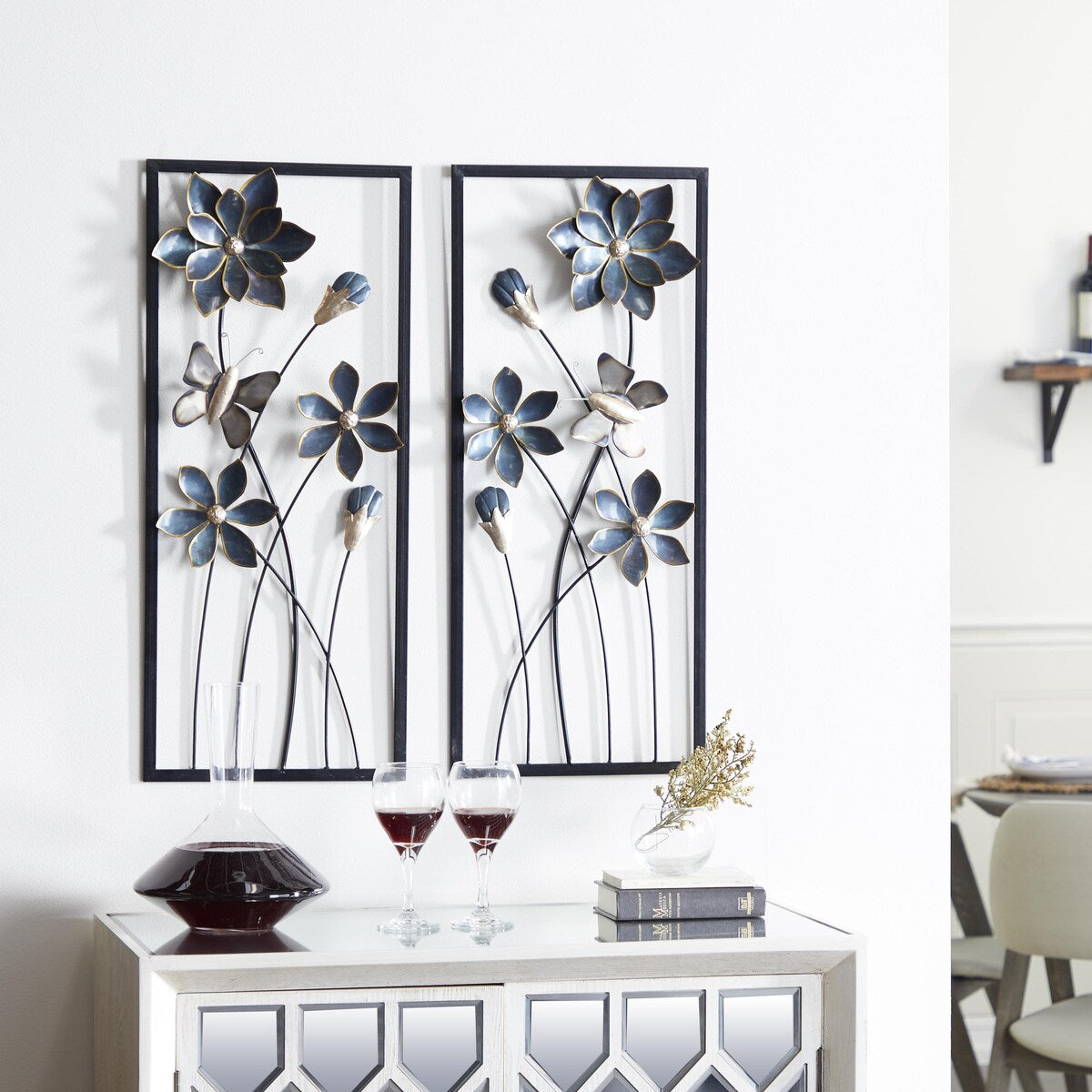 Metal Floral Home Wall Decor with Black Frames and Butterfly Accents - Set of 2 Teal - Roche River Decor