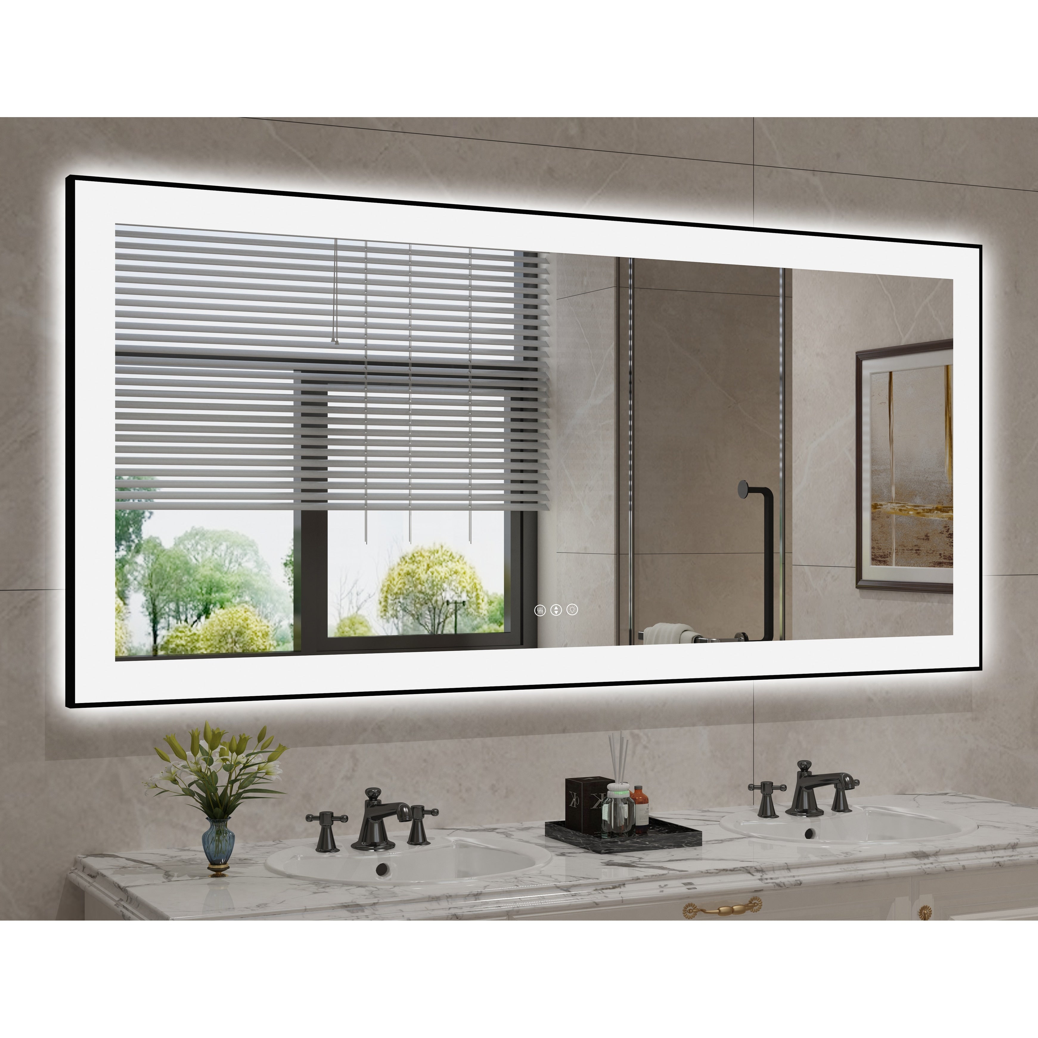 Rectangular Aluminum Framed Backlit and Front Light LED Wall Bathroom Vanity Mirror in Black - N/A