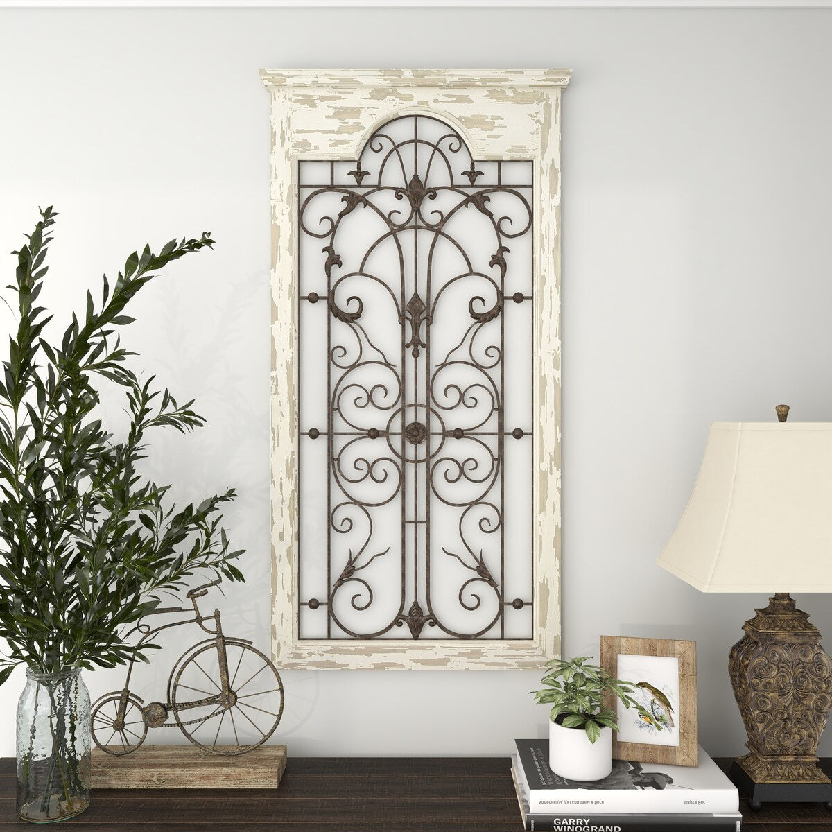 Wood Scroll Distressed Window Inspired Panel Home Wall Decor with Black Metal Fleur De Lis Relief - White - Roche River Decor