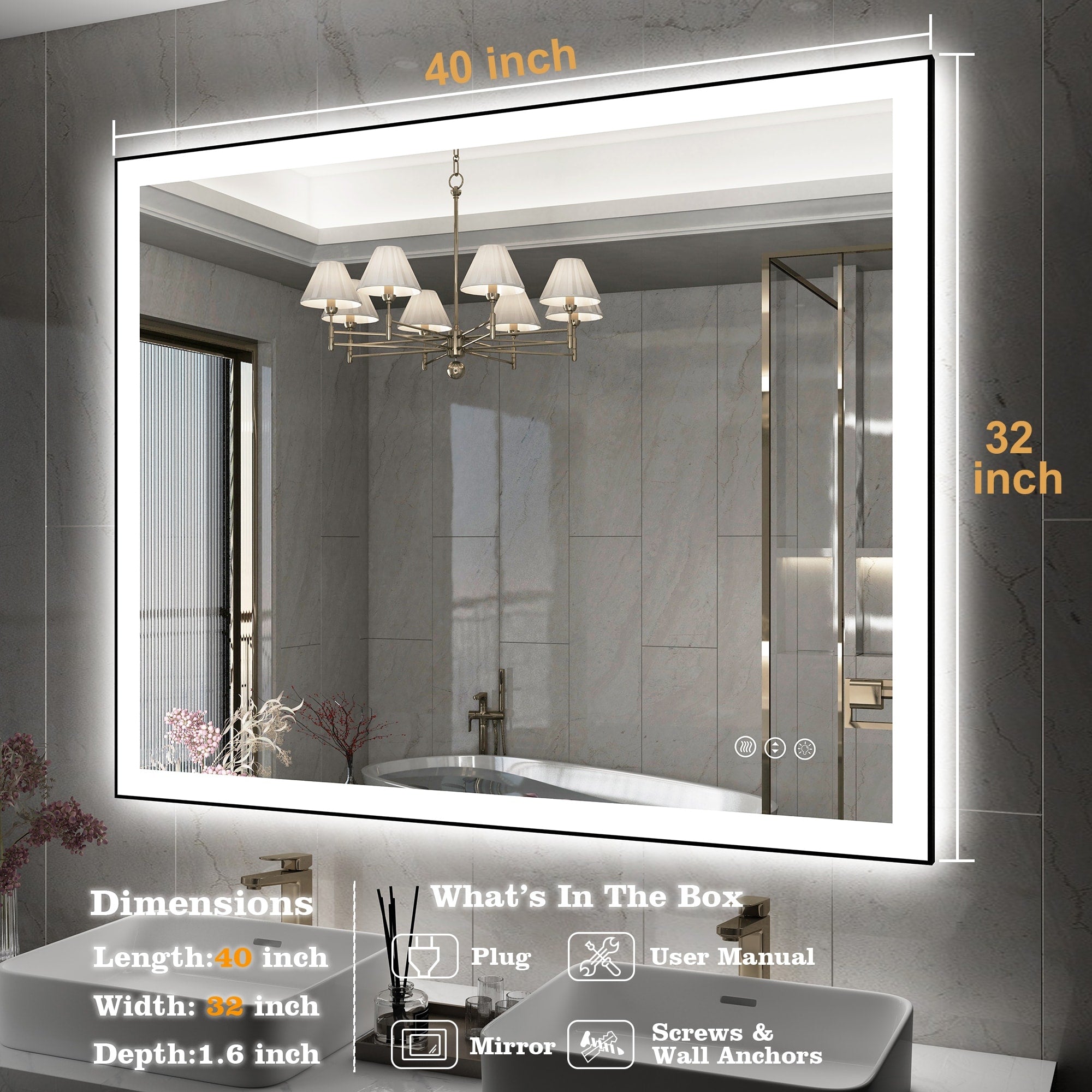 Rectangular Aluminum Framed Backlit and Front Light LED Wall Bathroom Vanity Mirror in Black - N/A