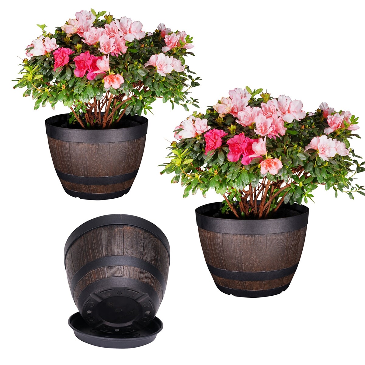 Javlergo 13 inch Planter (3 Pack), Plastic Imitation Whiskey Barrel Planter Decoration Flower Pots with Drainage Holes & Saucer