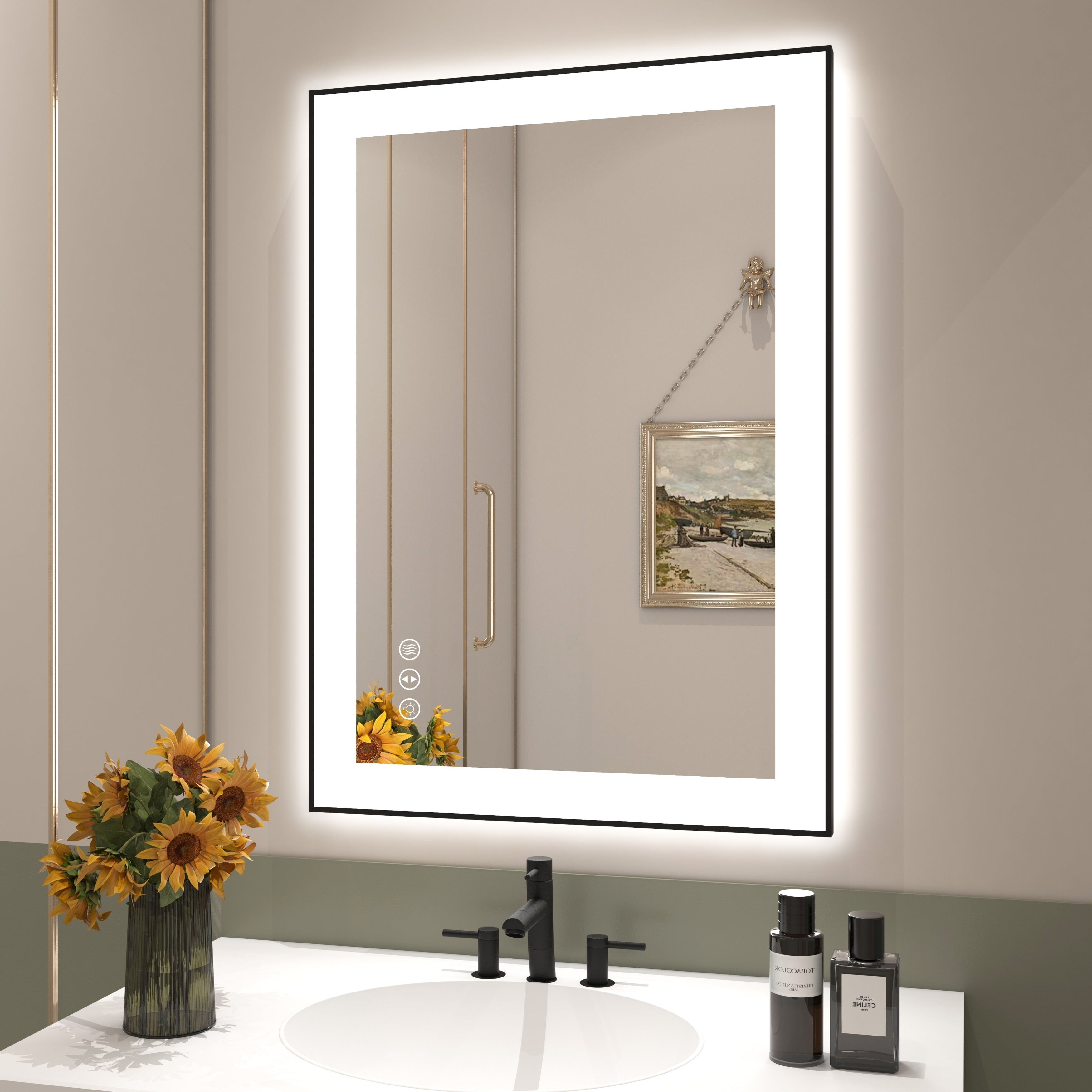 Rectangular Aluminum Framed Backlit and Front Light LED Wall Bathroom Vanity Mirror in Black - N/A