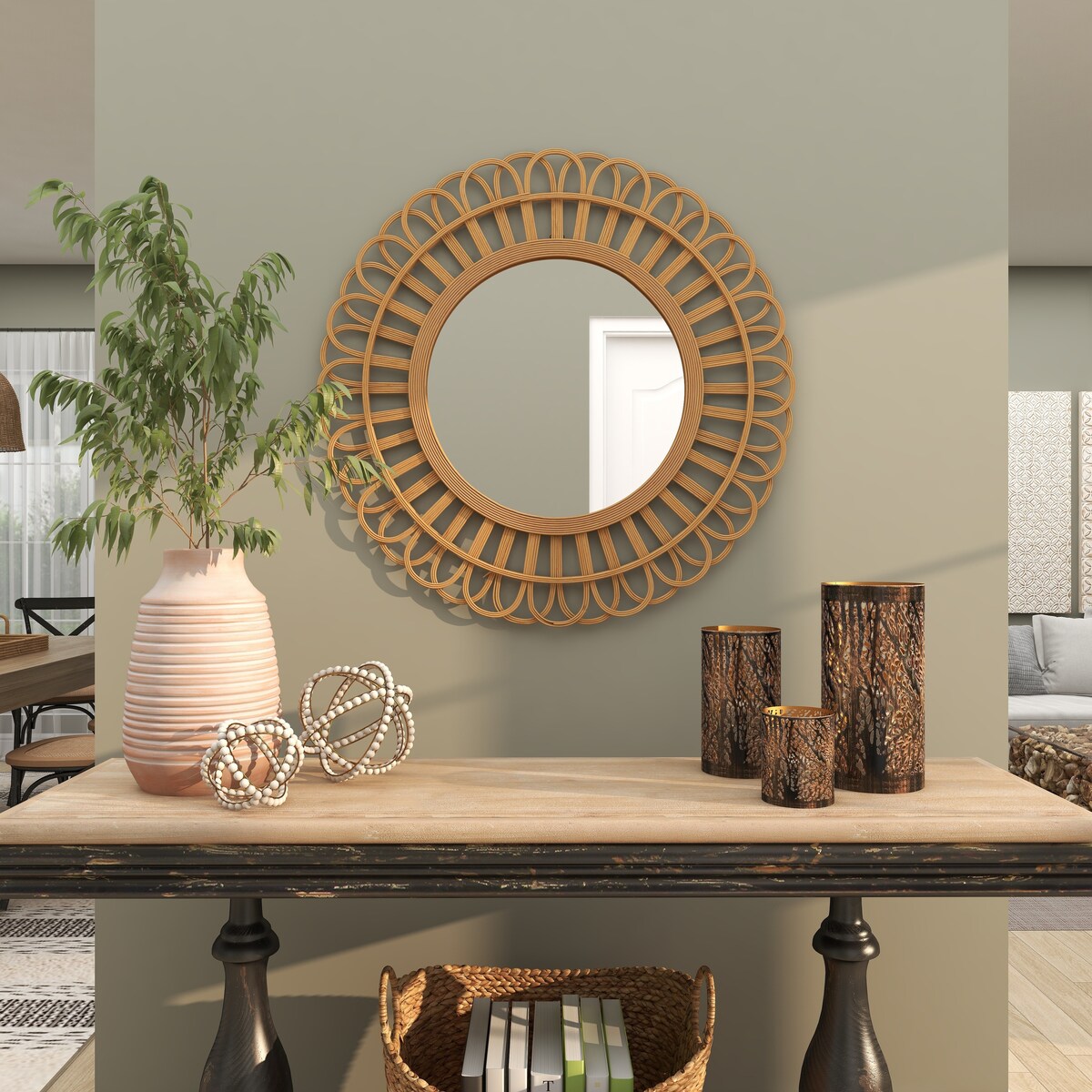 Rattan Starburst Handmade Room Wall Mirror - Brown - Roche River Decor