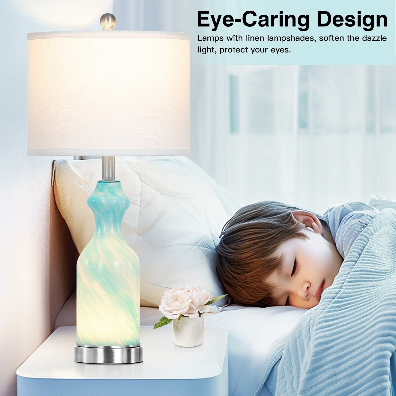 Blue Glass Nightlight Table Lamps 2in1 with USB and type-C Charging Ports (Set of 2) - 12'' x 12'' x 26'' (L x W x H)