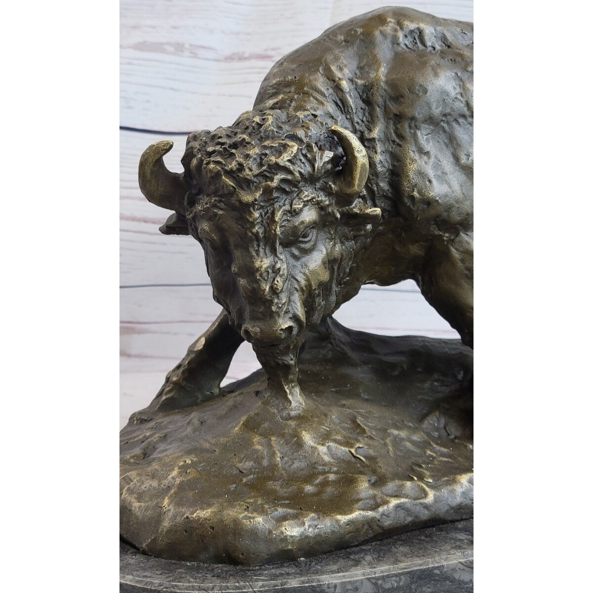 American Buffalo Bison Bull Bronze Sculpture By Barye On Marble Base Figure Art