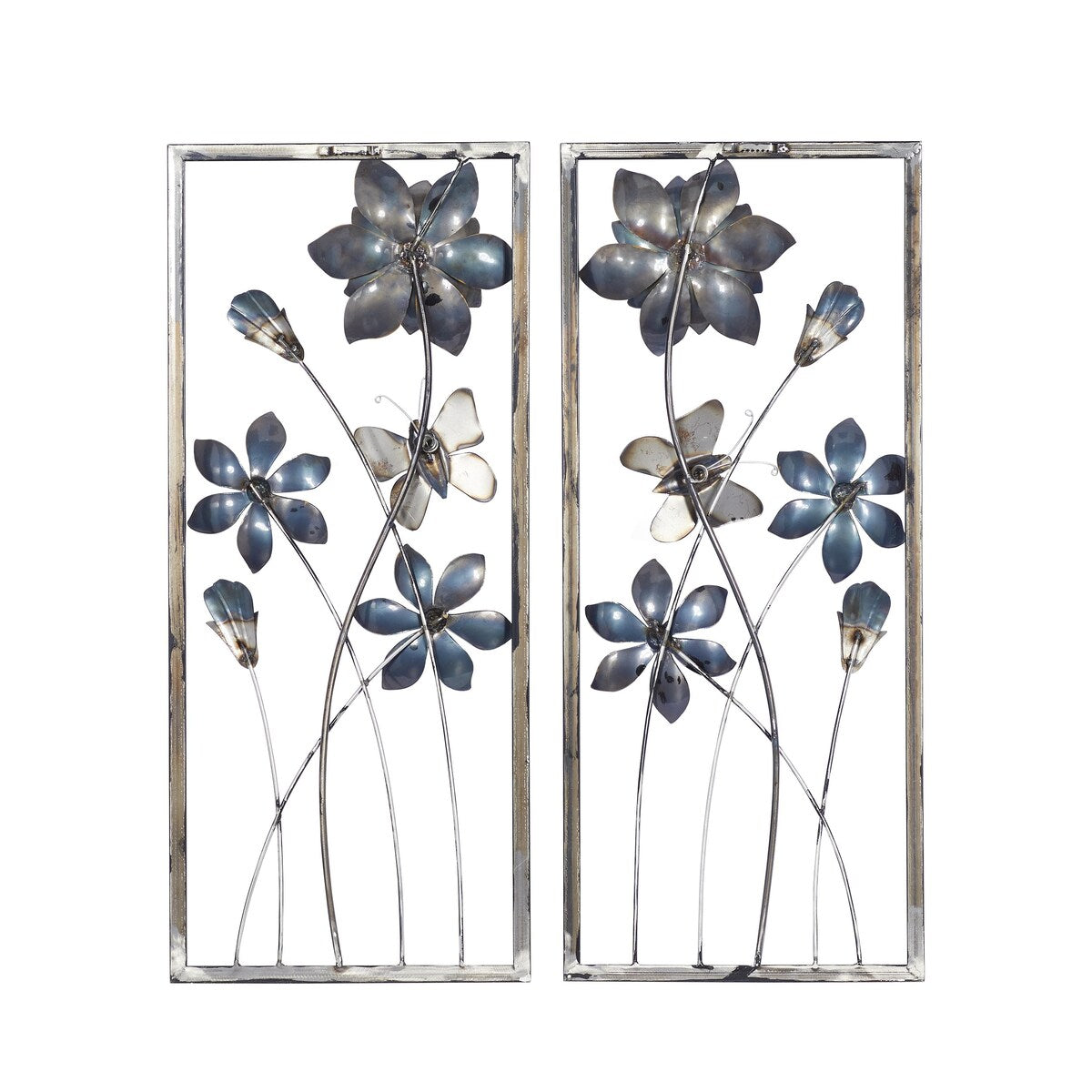 Metal Floral Home Wall Decor with Black Frames and Butterfly Accents - Set of 2 Teal - Roche River Decor