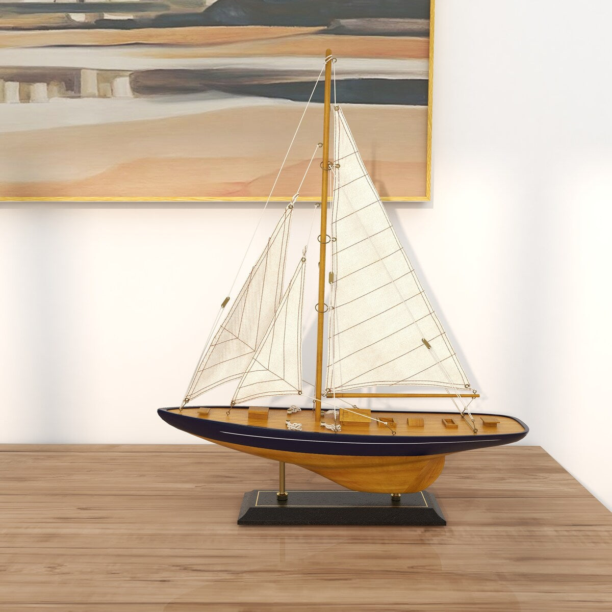 Wood Sail Boat Decorative Sculpture with Beige and Navy Accents and Lifelike Rigging - Brown - Roche River Decor