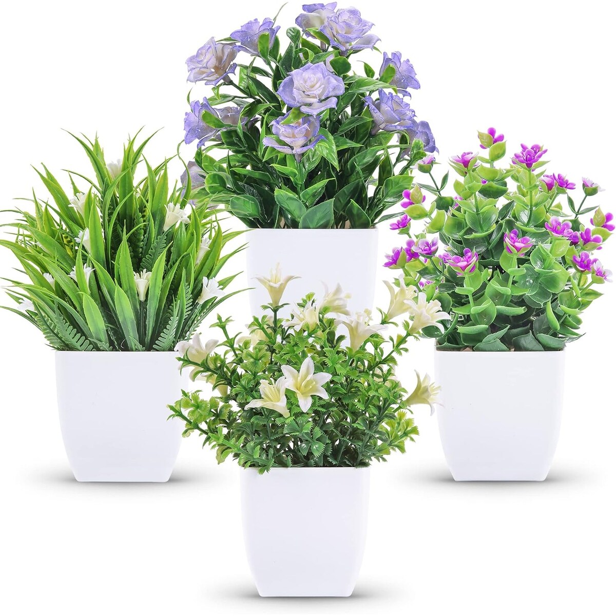 4 Packs Small Fake Plants Mini Artificial Faux Plants with Flowers - 4 pack