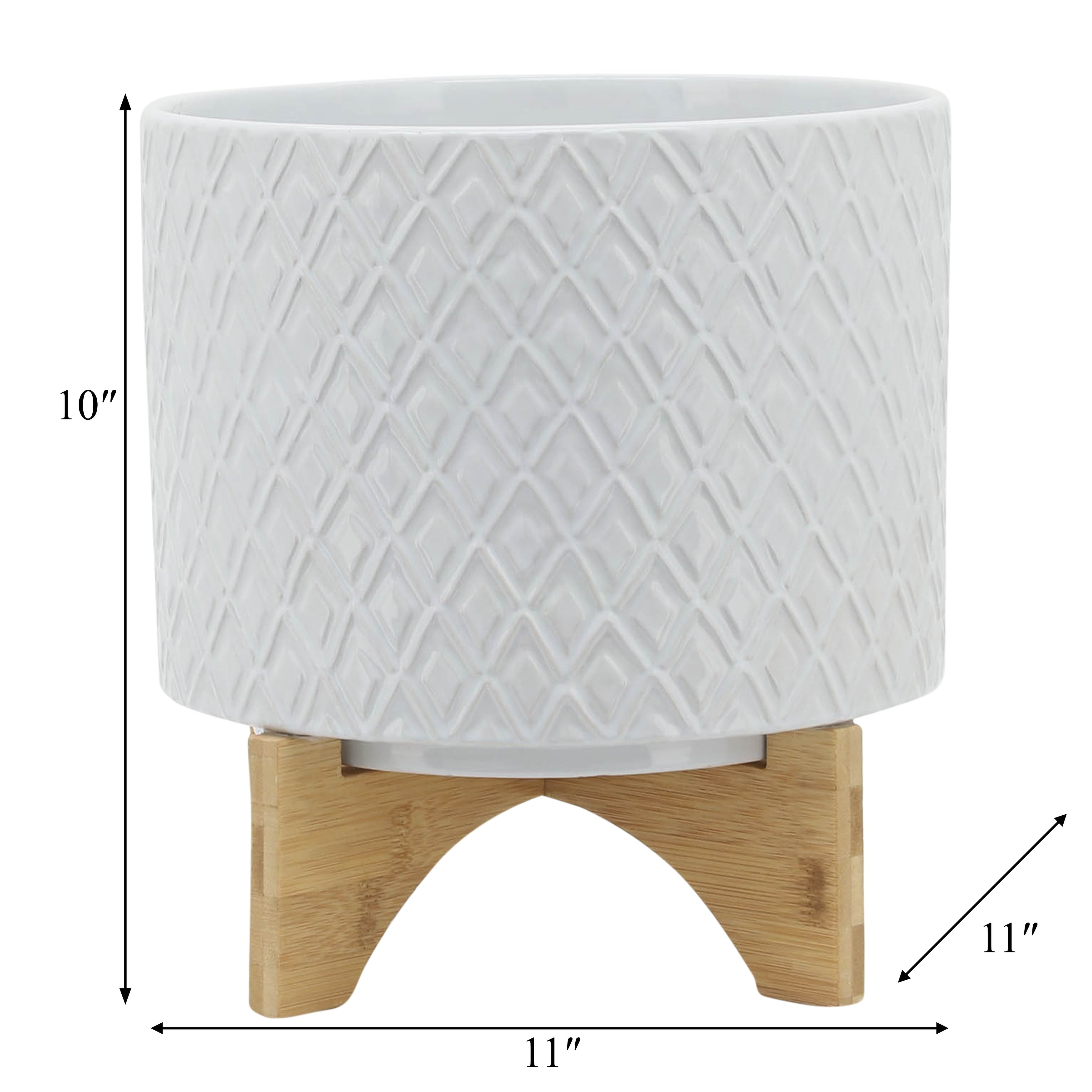 Sagebrook Home White Neutral Ceramic Planter Pot with Wood Stand