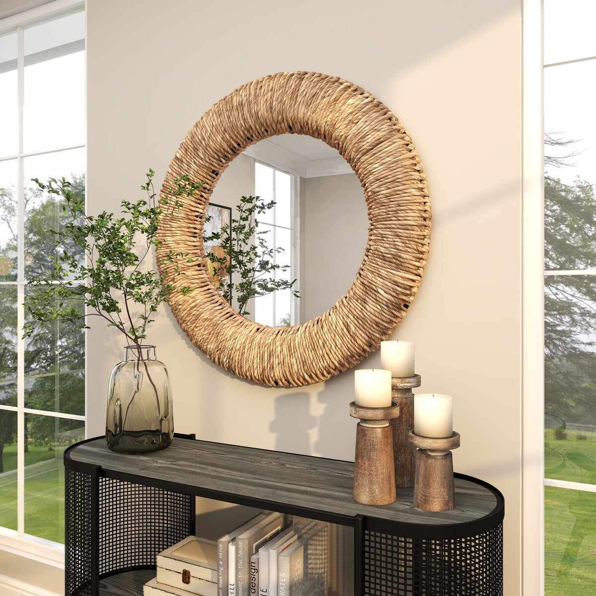 Rattan Coiled Weaved Frame Room Wall Mirror - Brown - Roche River Decor