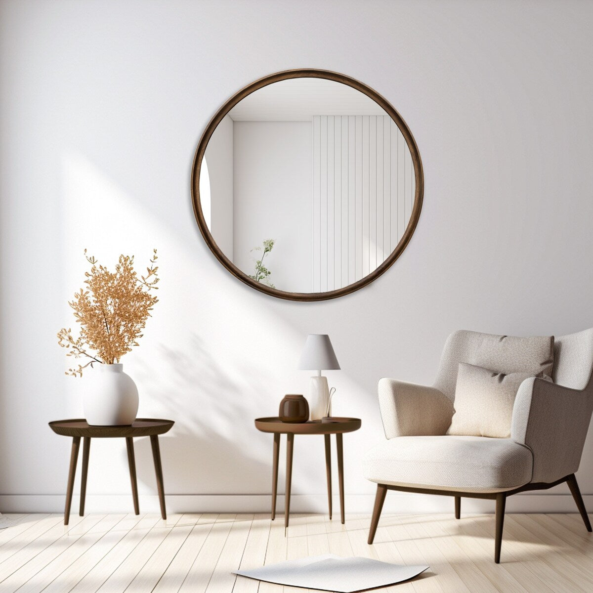 Classic Wooden Frame Farmhouse Round Wall Mirror