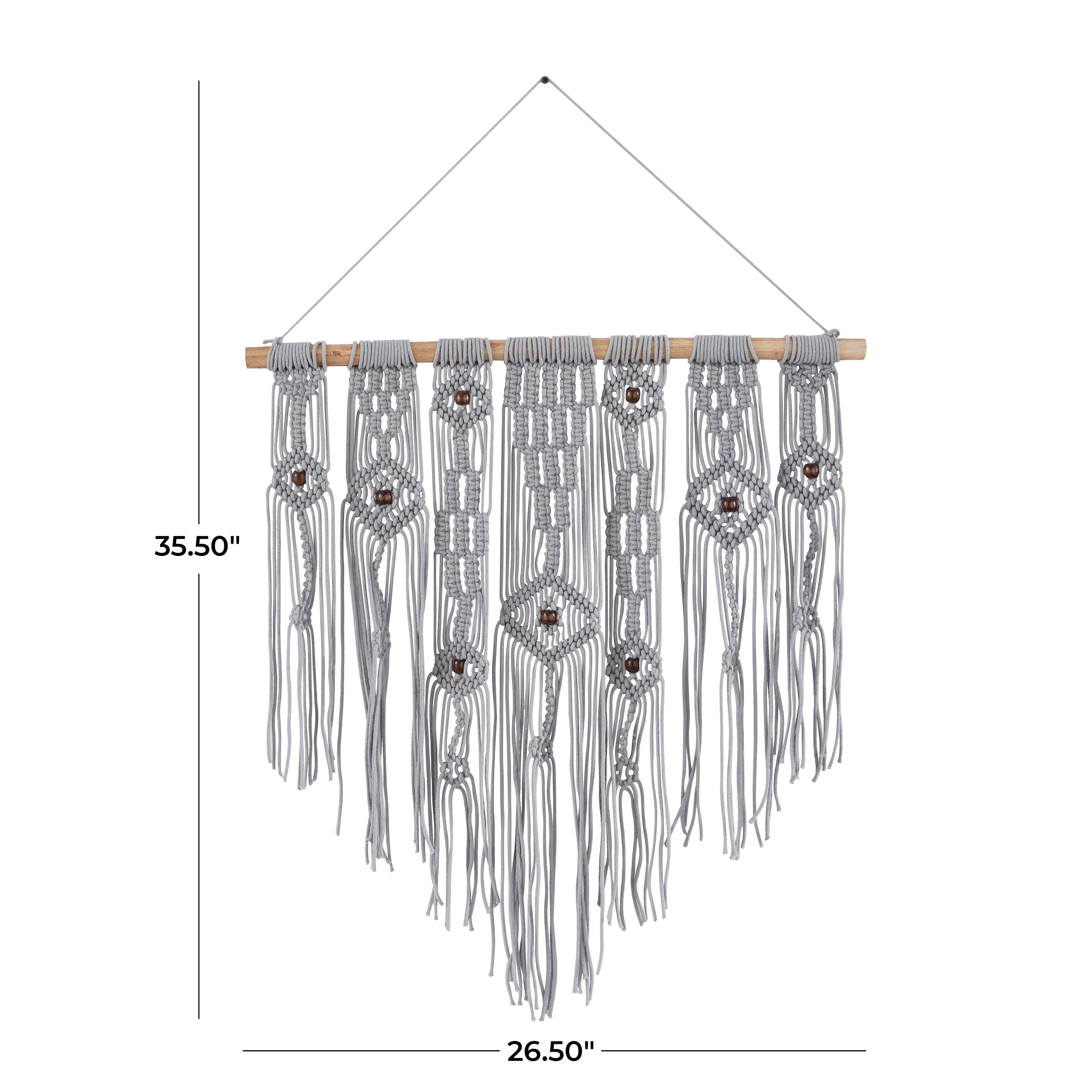 Cotton Handmade Intricately Weaved Macrame Wall Decor with Beaded Fringe Tassels - Gray or Cream