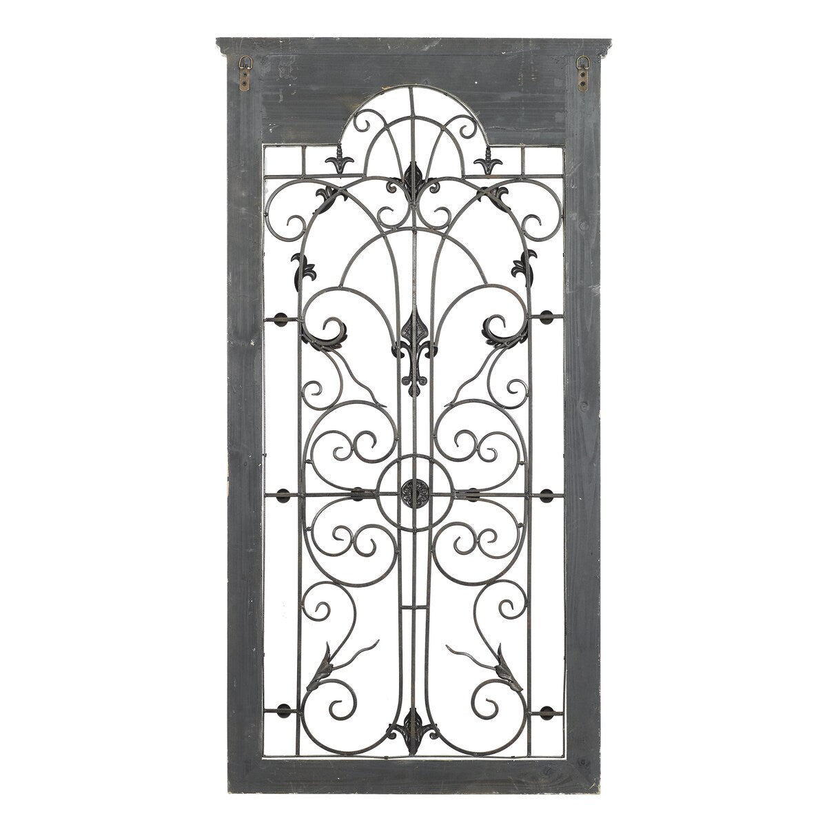 Wood Scroll Distressed Window Inspired Panel Home Wall Decor with Black Metal Fleur De Lis Relief - White - Roche River Decor