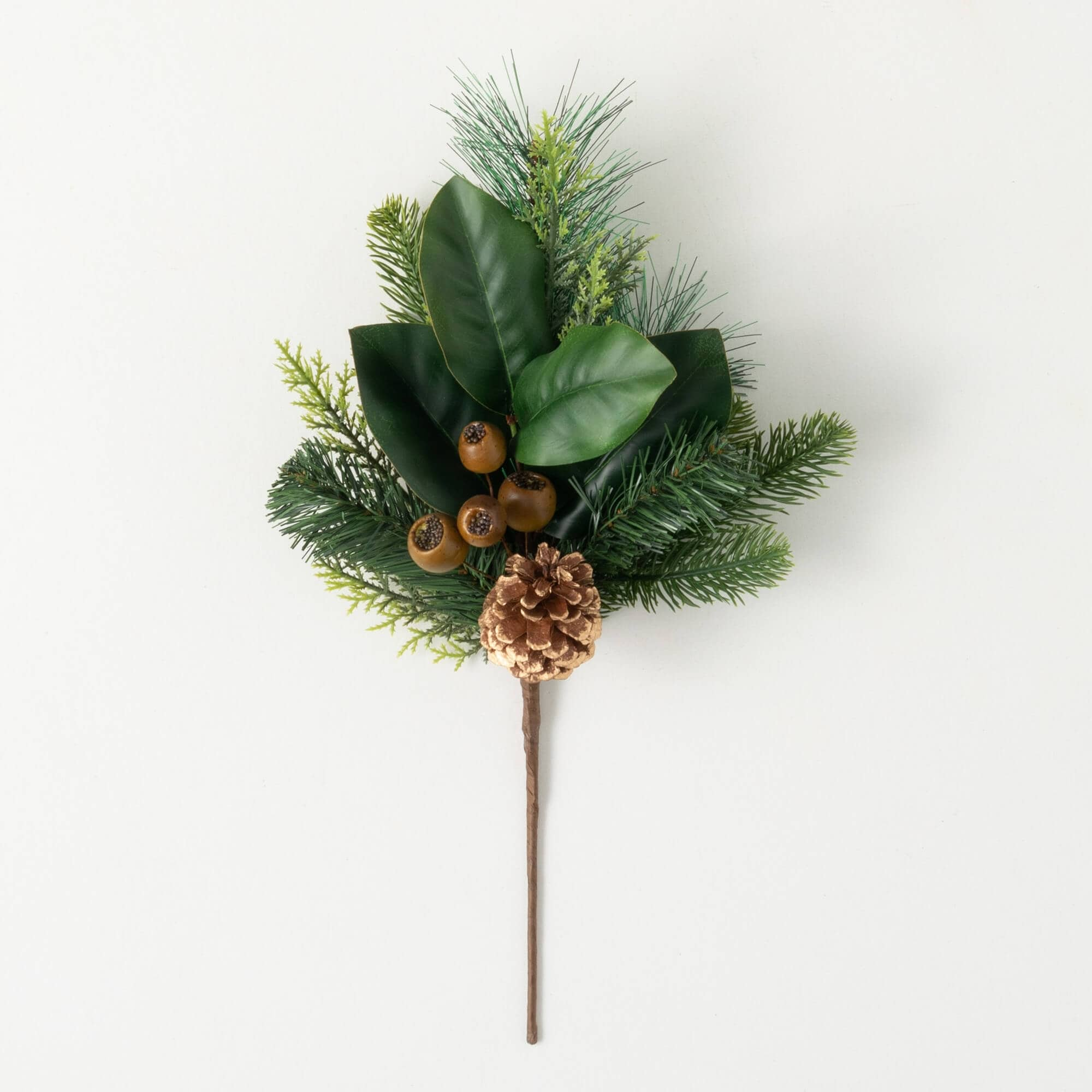 18H Sullivans Artificial Christmas Mixed Pine Magnolia Pick, Green-Brown