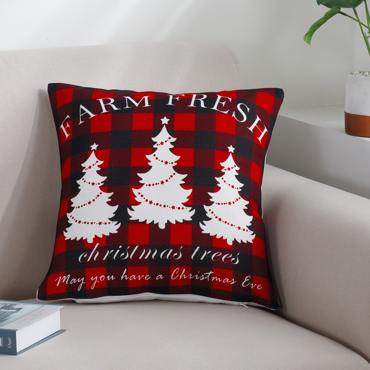 Marina Decoration Printed Christmas Cushion Cover Set Modern Decorative Throw Xmas Pack of 4 18x18 Inch, Rustic Red Black Plaid