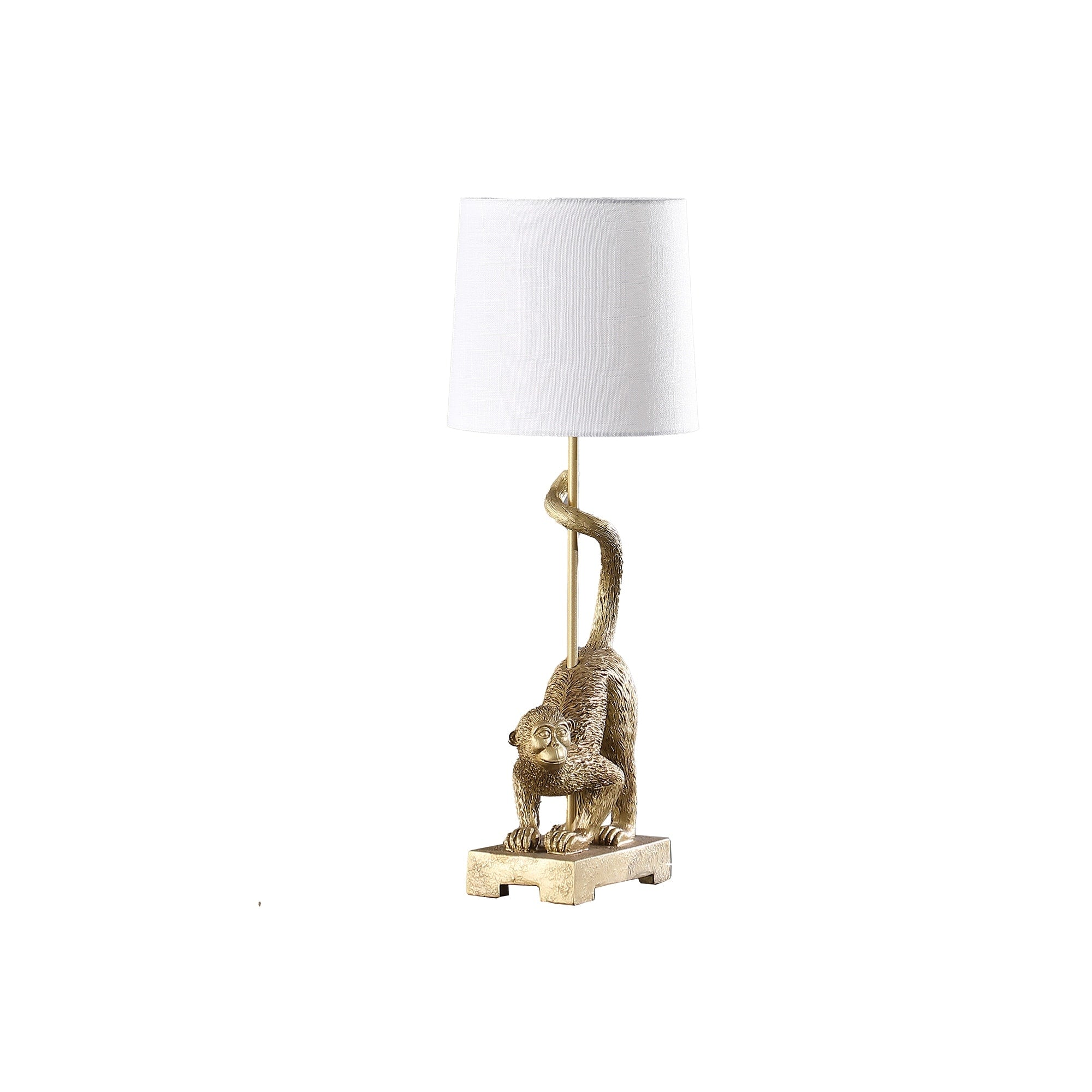 Ree 24 Inch Accent Table Lamp, Monkey Resin Sculpture, Drum Shade, Gold