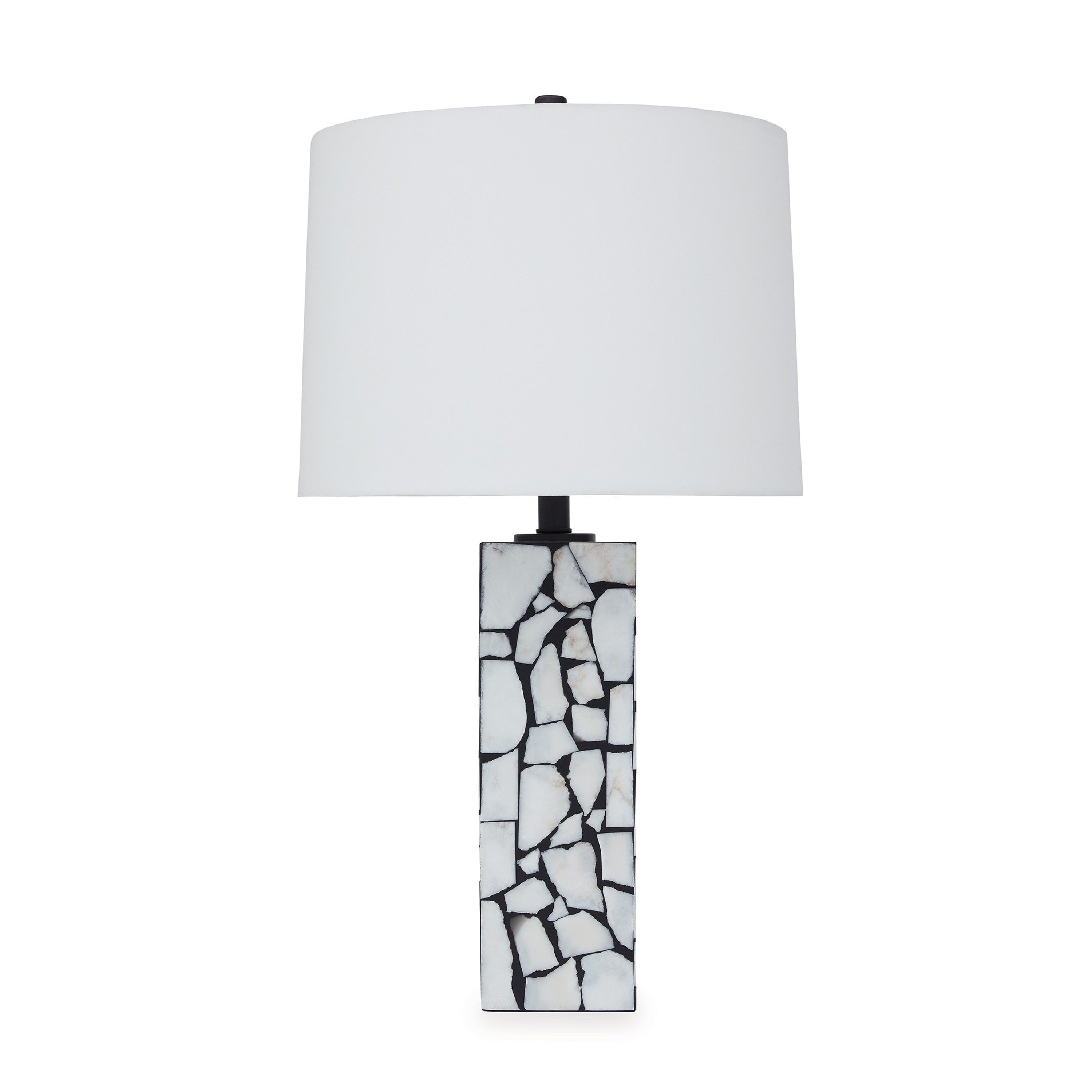 28 Inch Table Lamp, Drum Shade, Black and White Mosaic Marble Art Resin