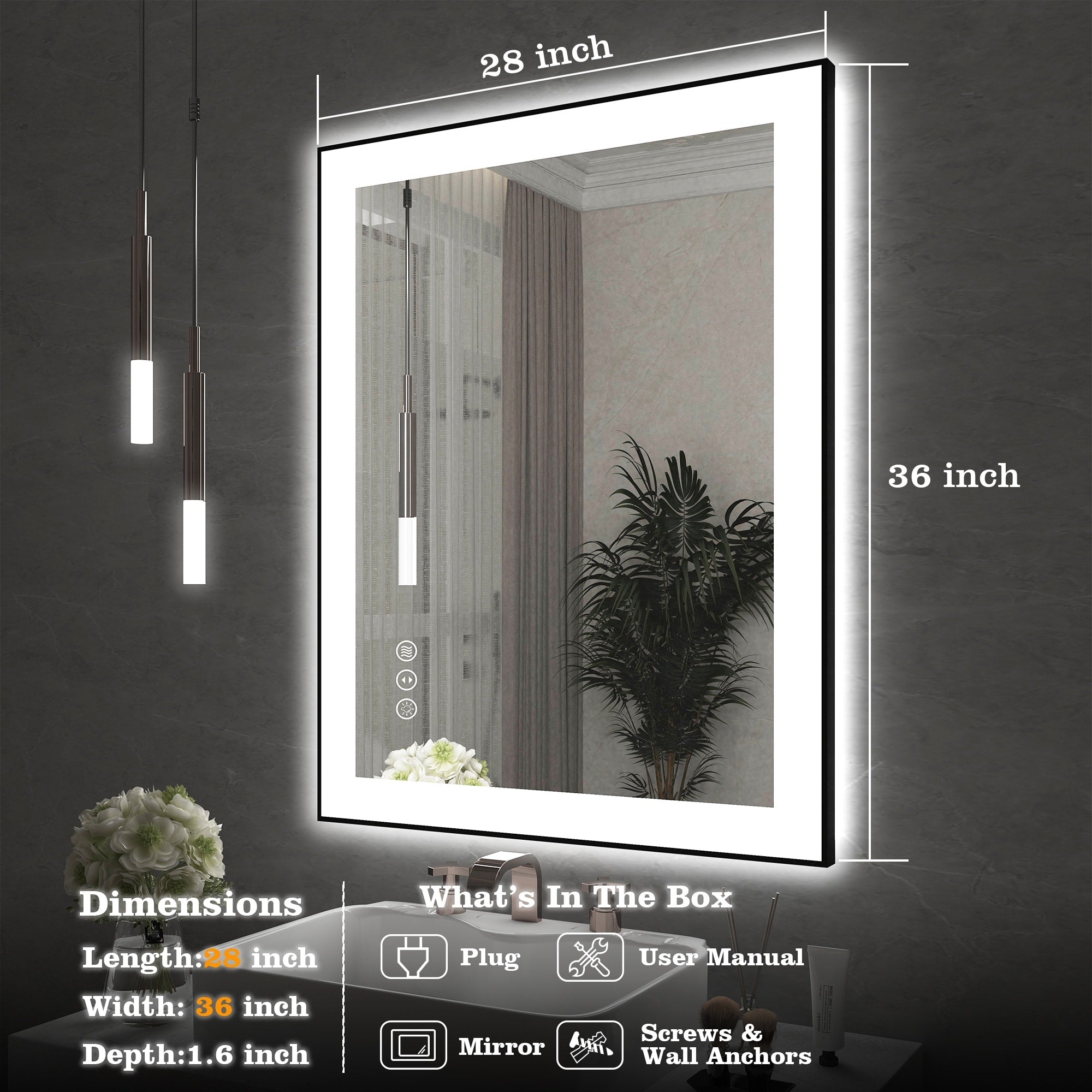 Rectangular Aluminum Framed Backlit and Front Light LED Wall Bathroom Vanity Mirror in Black - N/A