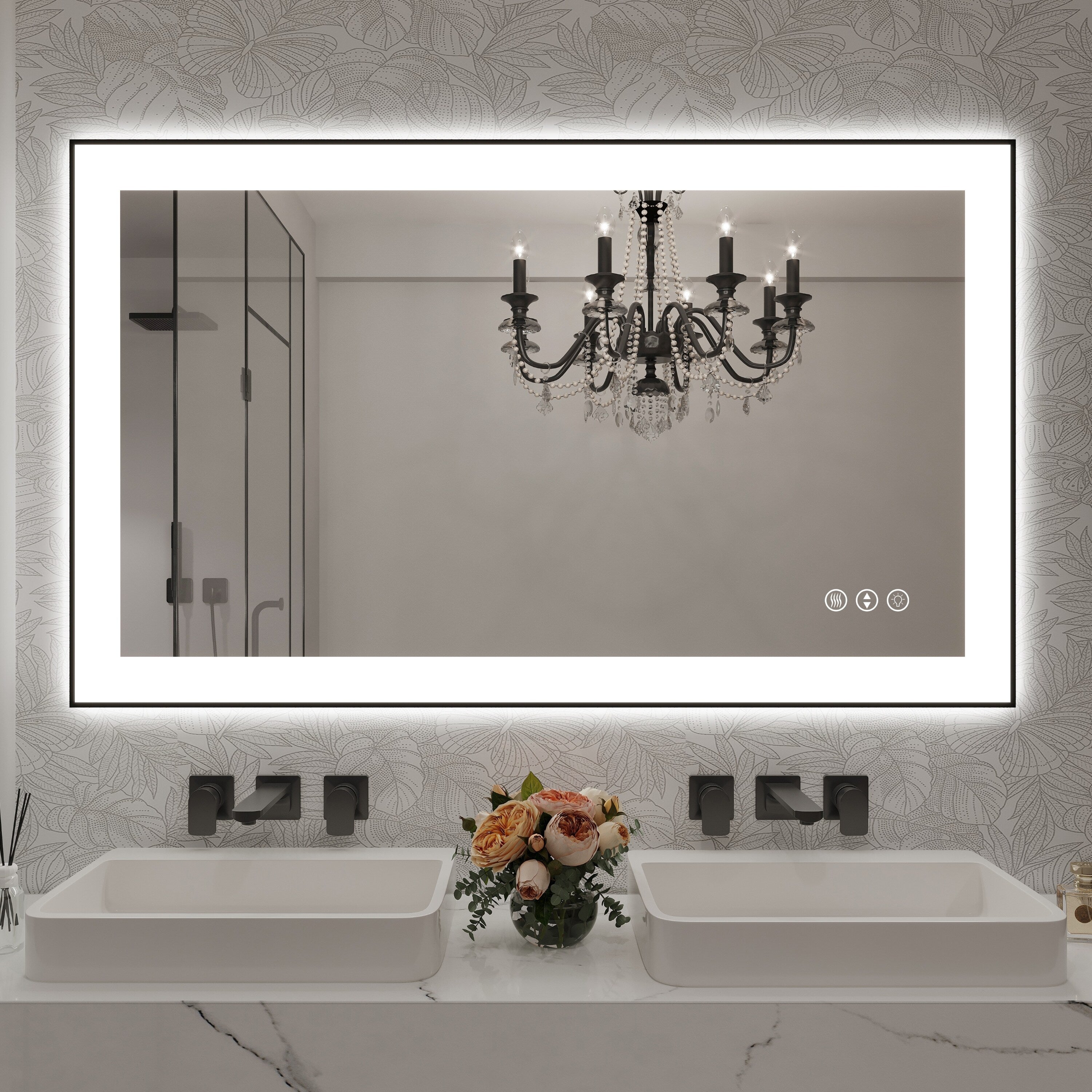 Rectangular Aluminum Framed Backlit and Front Light LED Wall Bathroom Vanity Mirror in Black - N/A