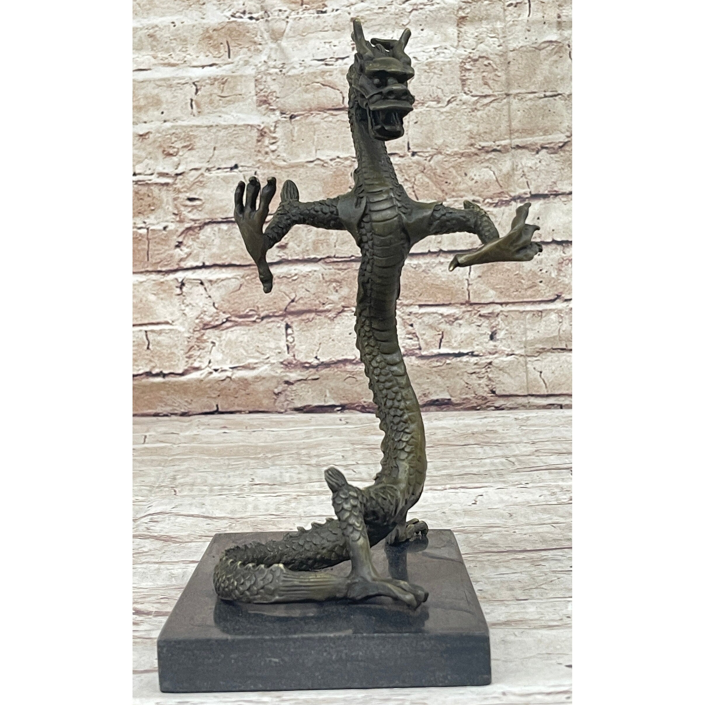 Skinny Chinese Dragon Bronze Sculpture Statue Figure On Marble Base