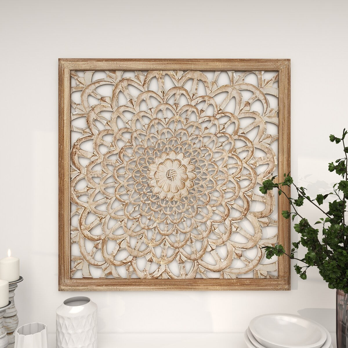 Wood Floral Handmade Intricately Carved Home Wall Decor with Layered Petals - Brown - Roche River Decor