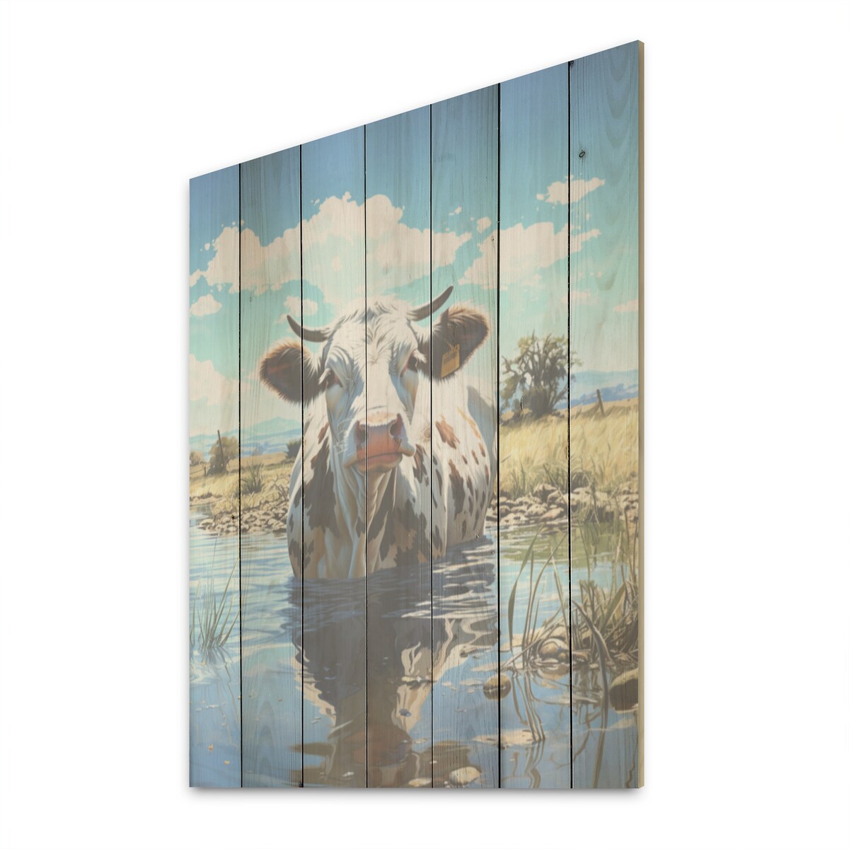 Designart Cow In Tranquil Pasture Cow Wood Wall Decor - Modern Green Wood Panel On Natural Pine Wood