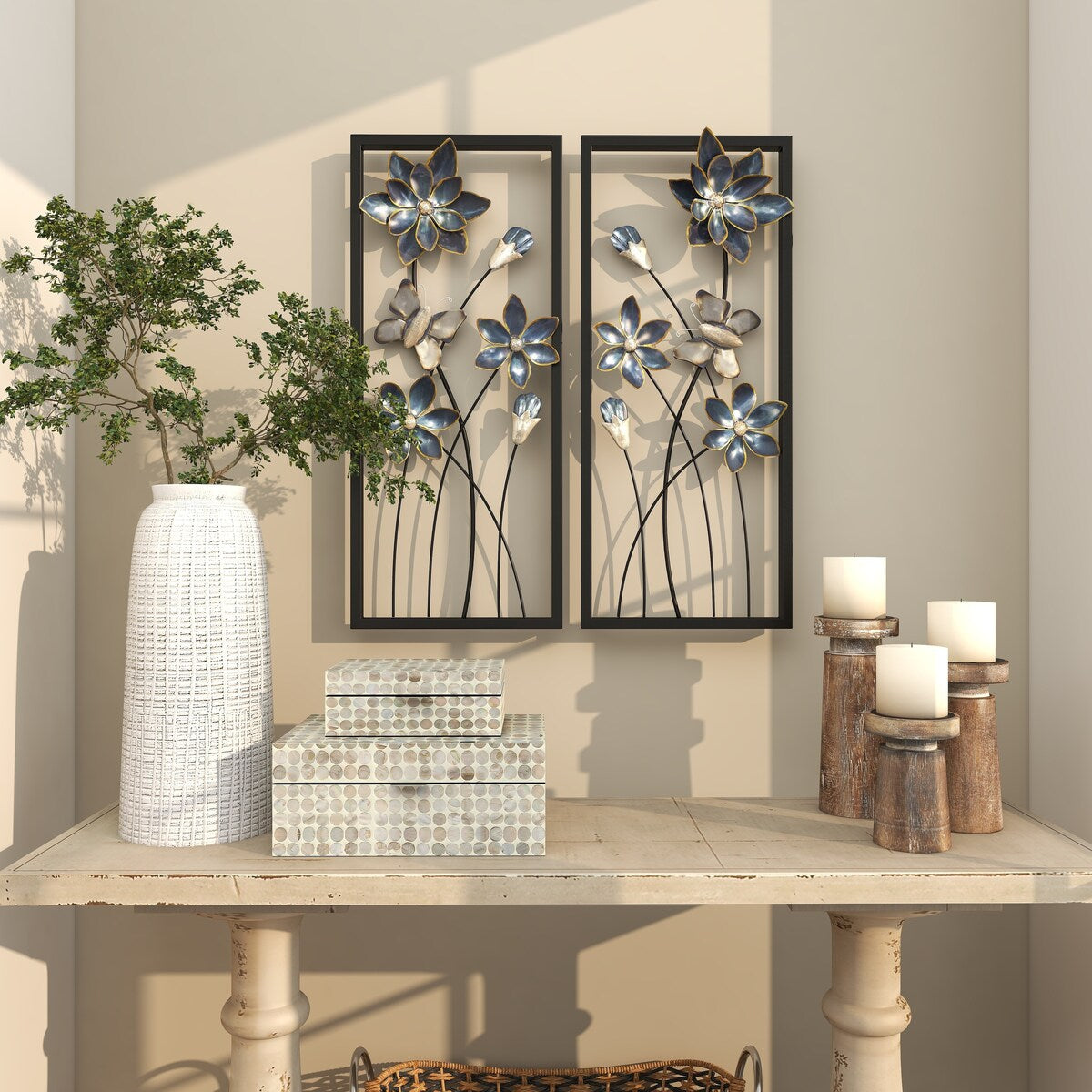 Metal Floral Home Wall Decor with Black Frames and Butterfly Accents - Set of 2 Teal - Roche River Decor