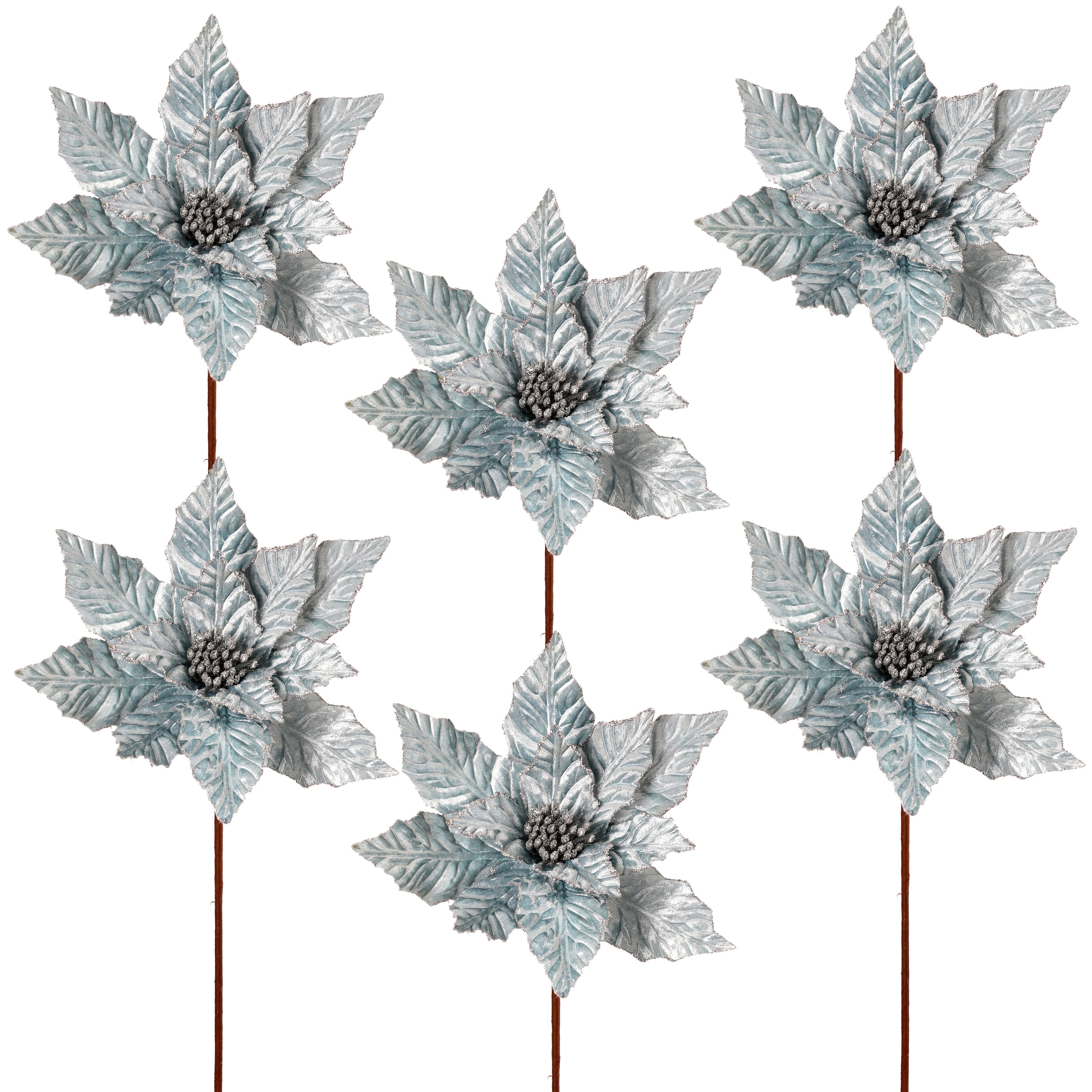 24 Glitter Edge Velvet Poinsettia Stem - Blue - 24