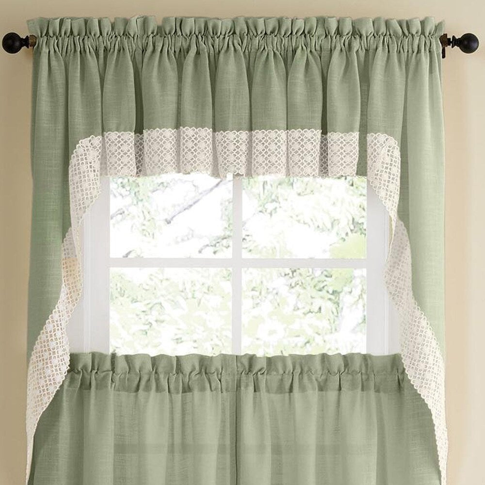 Sage Country Style Curtain Parts with White Daisy Lace Accent (Separates-Tiers, Swags and Valances)