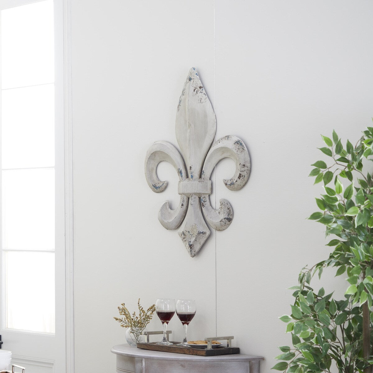 Metal Fleur De Lis Home Wall Decor with Blue and Brown Distressing - White - Roche River Decor