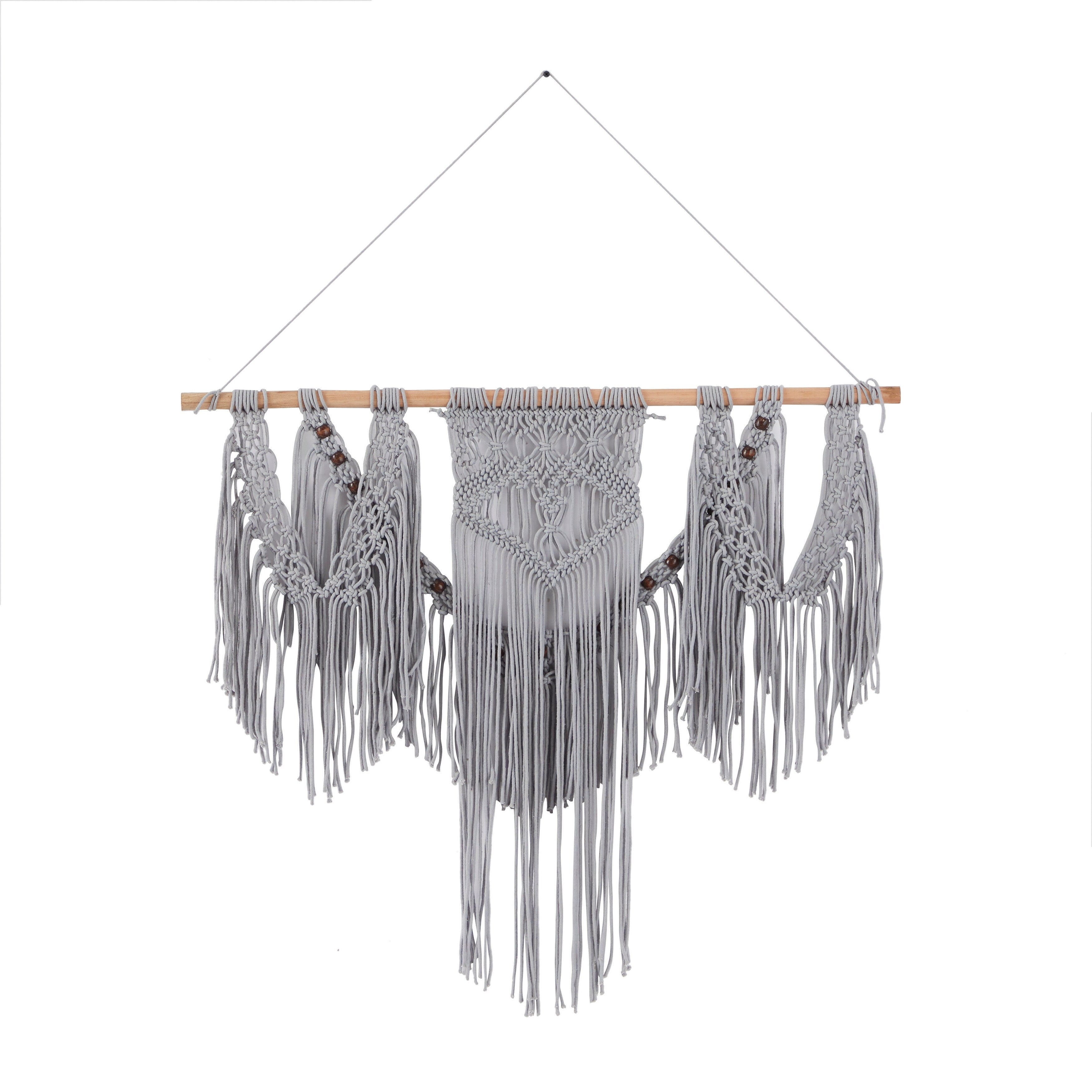 Cotton Handmade Intricately Weaved Macrame Wall Decor with Beaded Fringe Tassels - Gray or Cream