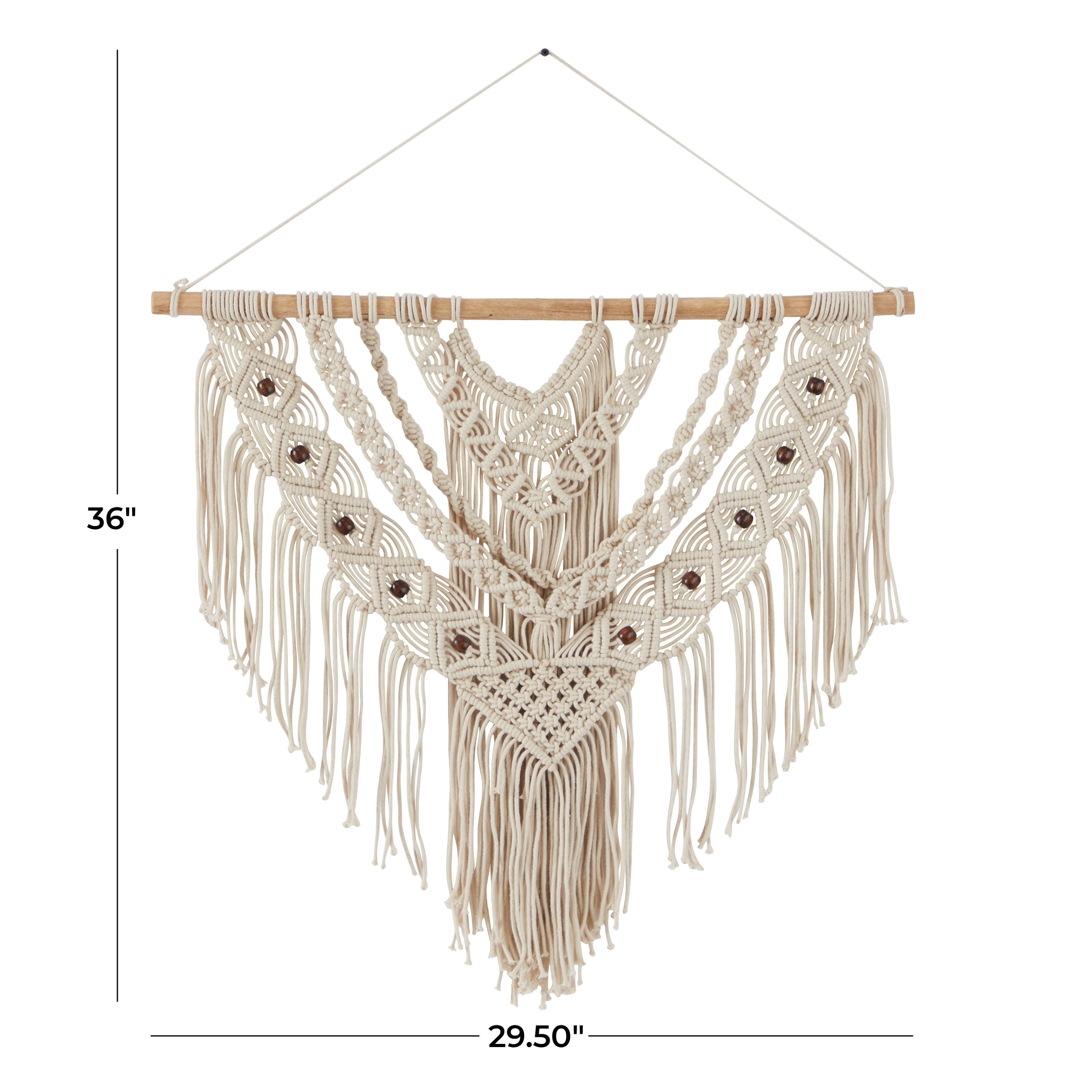 Cotton Handmade Intricately Weaved Macrame Wall Decor with Beaded Fringe Tassels - Gray or Cream