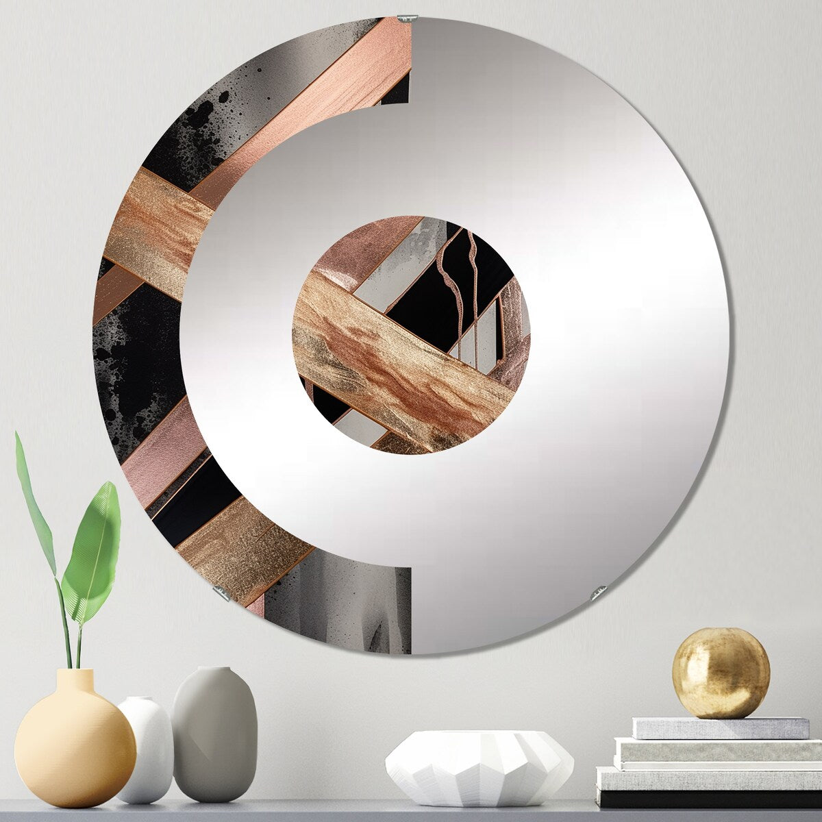 Designart Metallic Stripes And Circles III - Modern Abstract Marble Half Circle Wall Mirror