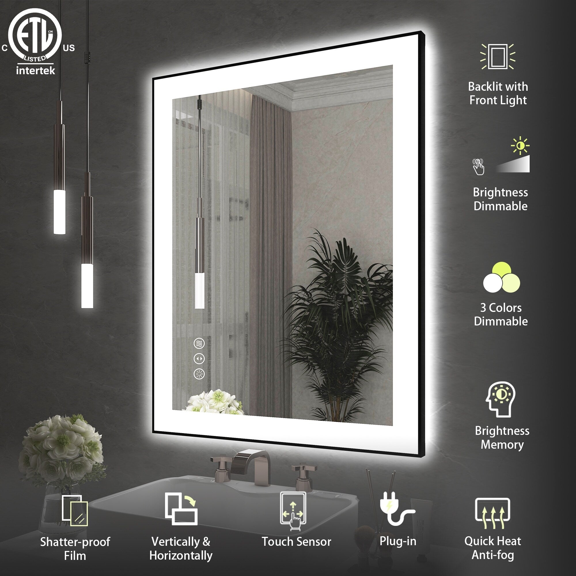 Rectangular Aluminum Framed Backlit and Front Light LED Wall Bathroom Vanity Mirror in Black - N/A