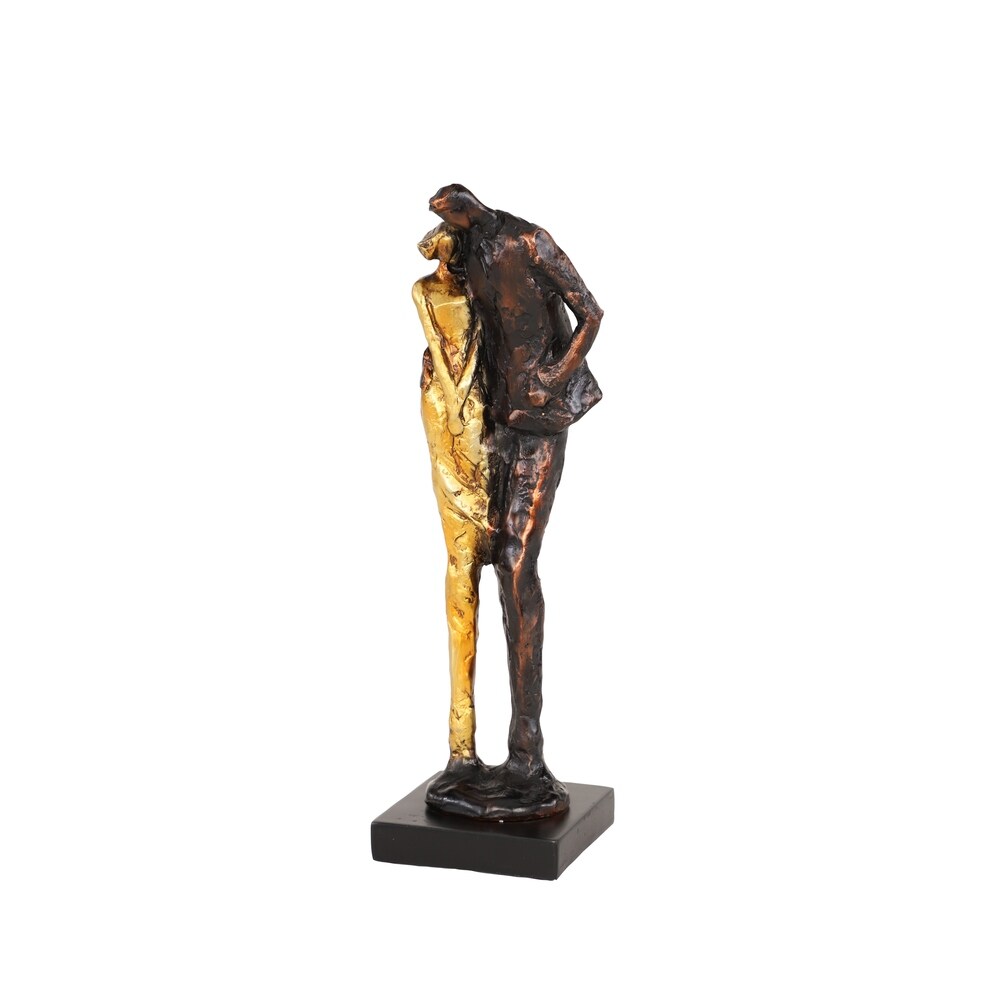 Tall Metallic Bronze & Gold Human Figurines Embracing Sculpture on Black Base, 4 x 13