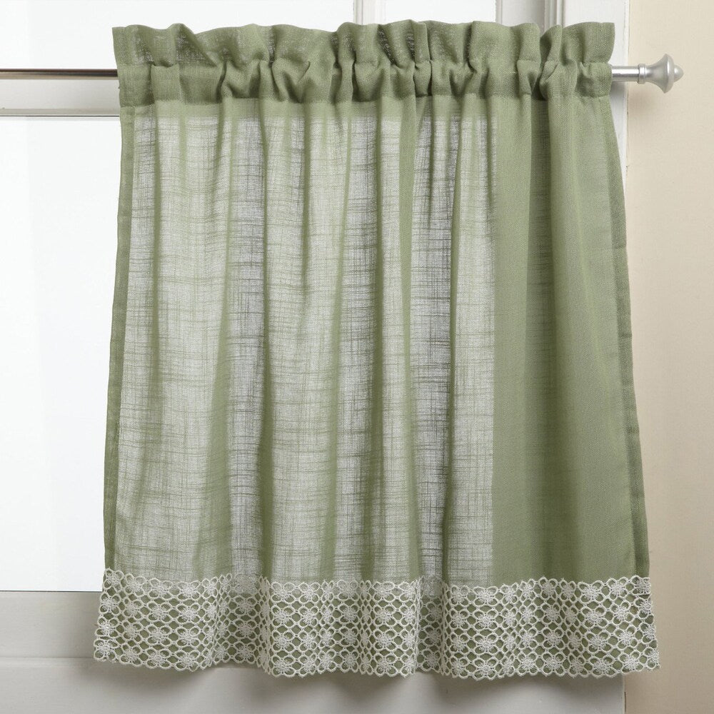 Sage Country Style Curtain Parts with White Daisy Lace Accent (Separates-Tiers, Swags and Valances)