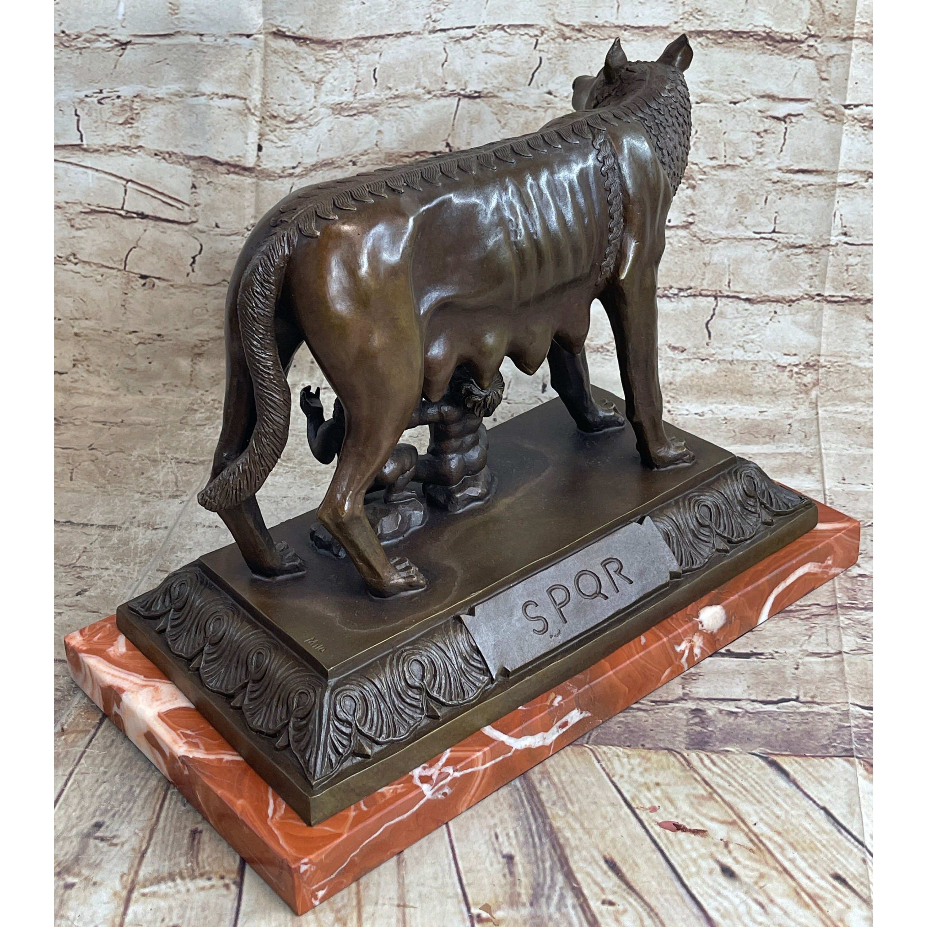 The Capitoline Wolf Romulus Remus Bronze Metal Statue Sculpture On Rose Marble Base 12 Inches X 15 Inches