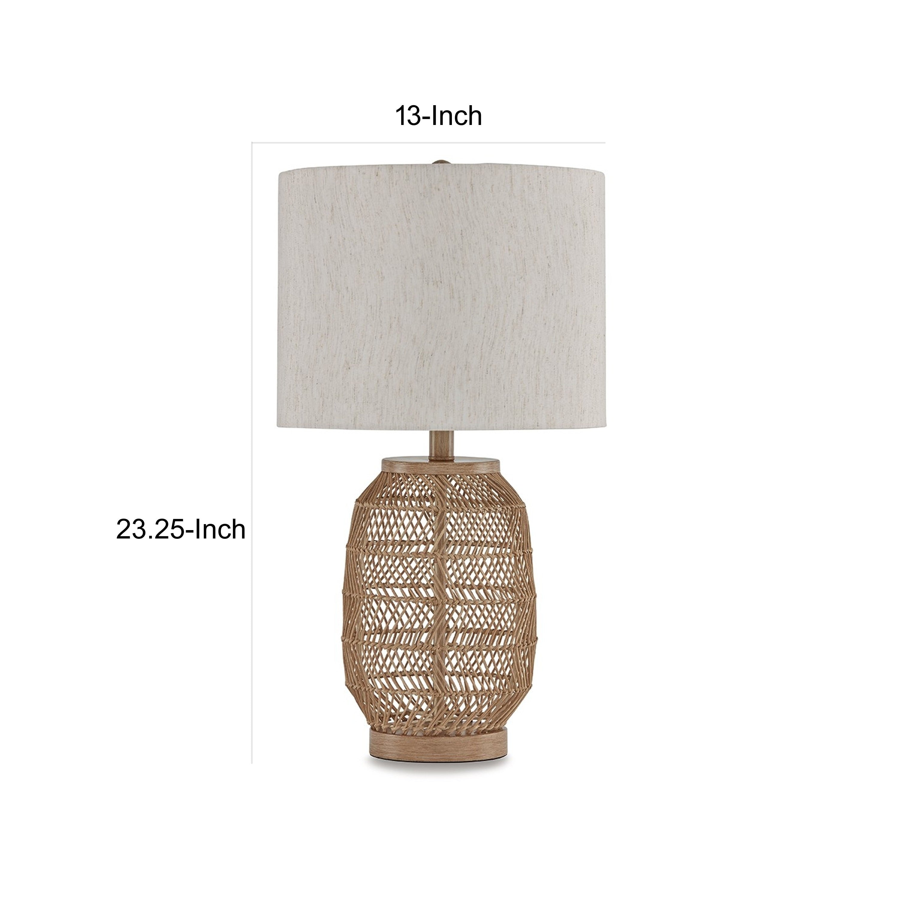 23 Inch Boho Table Lamp Set of 2, White Shade, Beige Rattan Woven Lantern