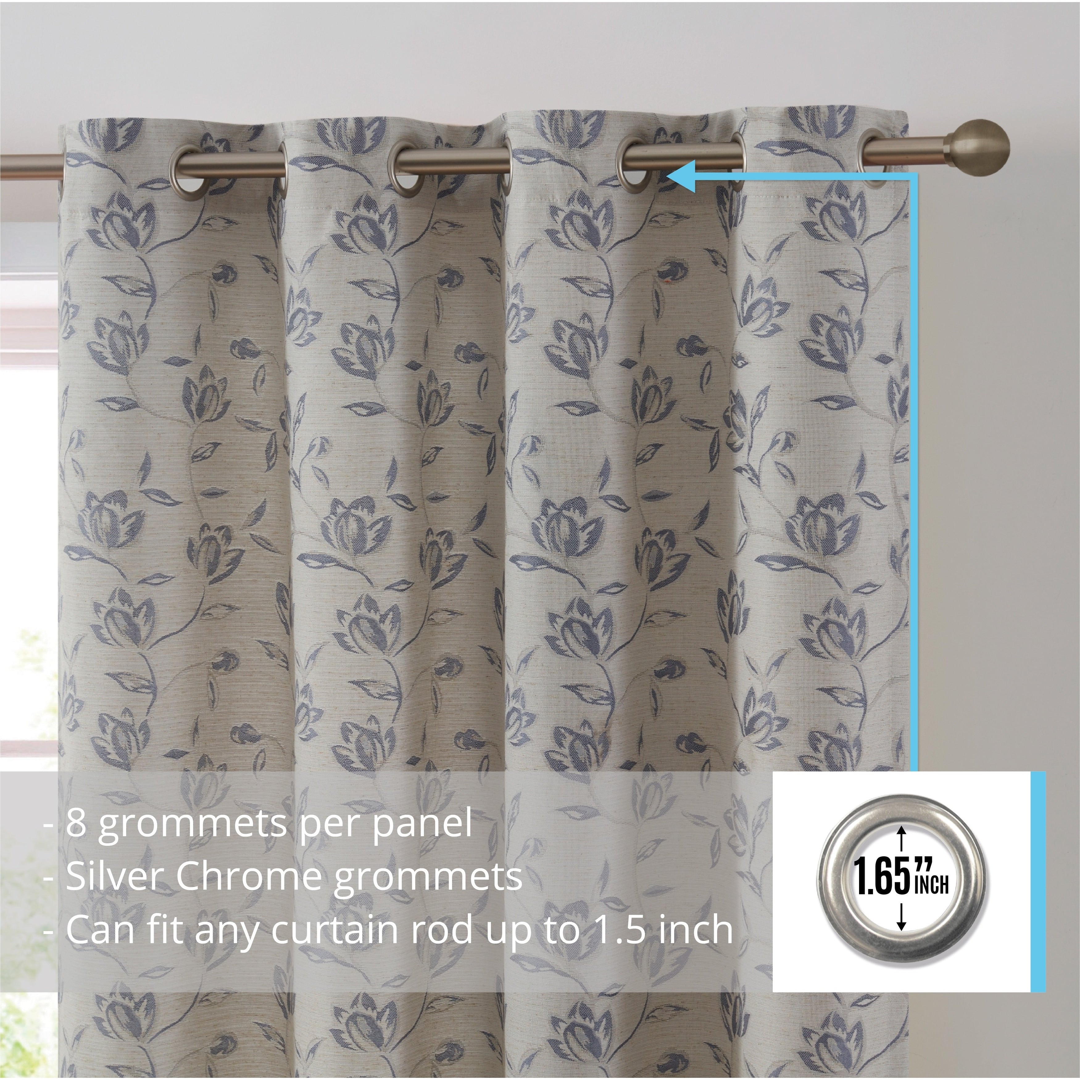 HLC.me Zoey Burlap Flax Linen Floral Jacquard Light Filtering Transparent WindowGrommet Curtain Panels, 2 Panels