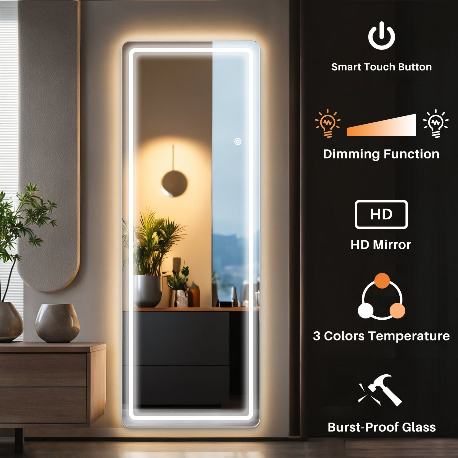 Full Length Mirror with Lights, 64x21 LED Full Body Mirror, Free Standing Lighted Floor Mirror, 3 Color Lighting