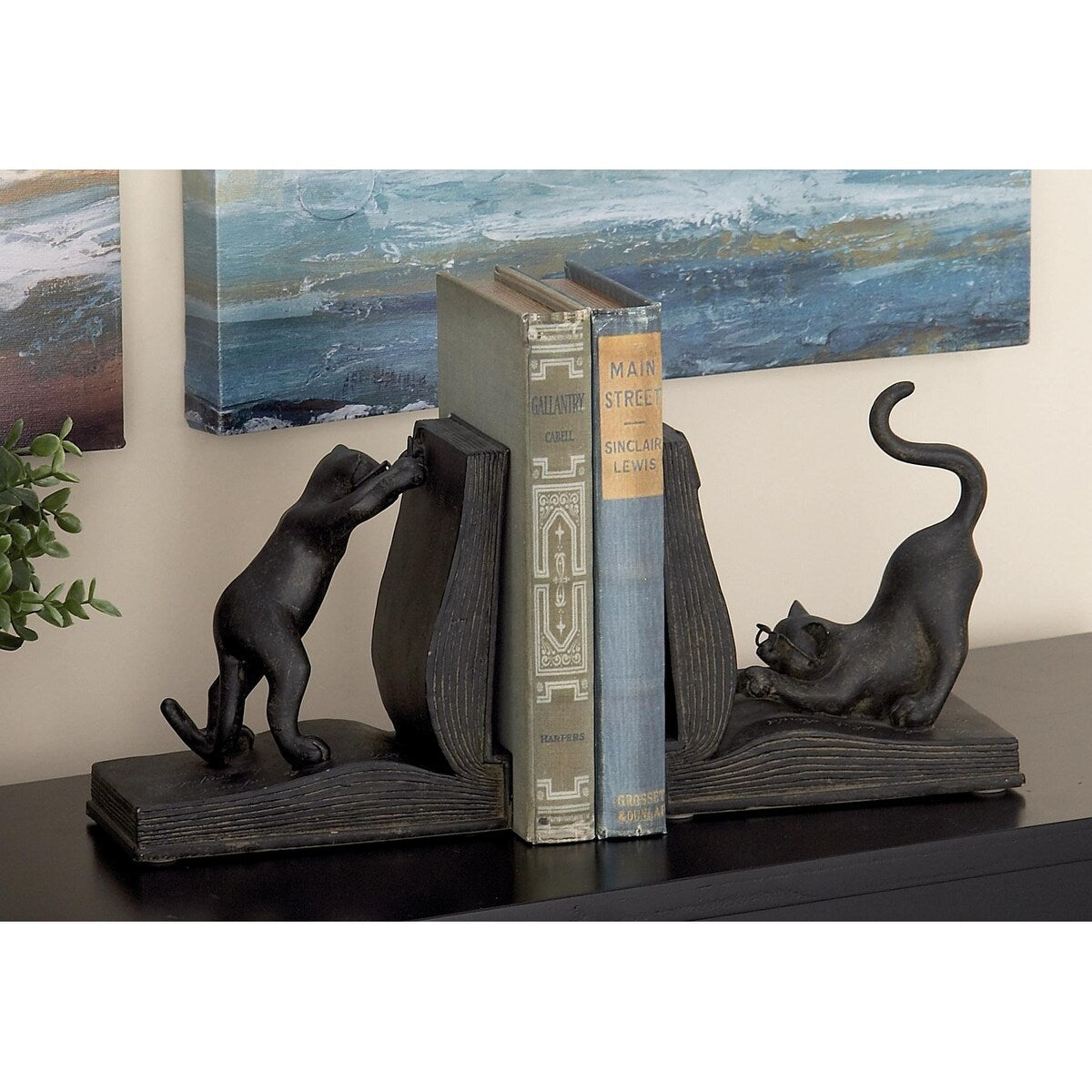 Polystone Cat Reading Decorative Bookends - Set of 2 Black - Roche River Decor