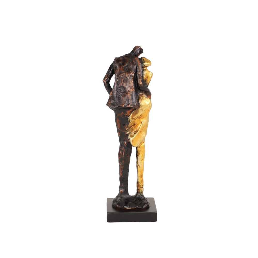 Tall Metallic Bronze & Gold Human Figurines Embracing Sculpture on Black Base, 4 x 13