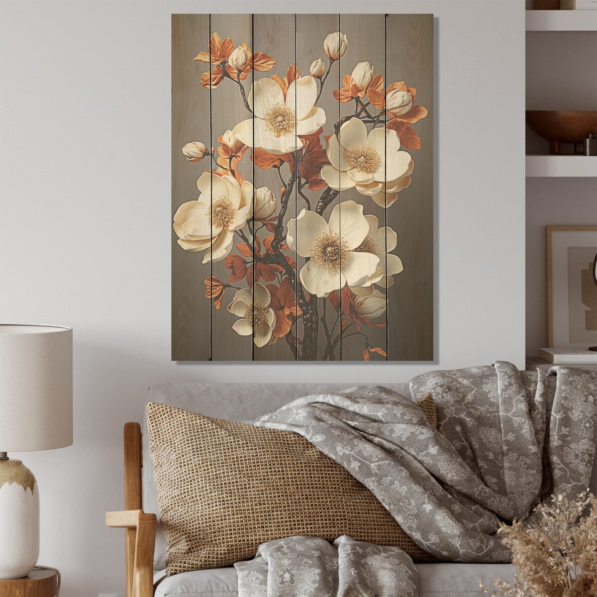 Designart Vintage Nostalgia Dogwood I Dogwood Wood Wall Decor - Traditional White Wood Panel On Natural Pine Wood