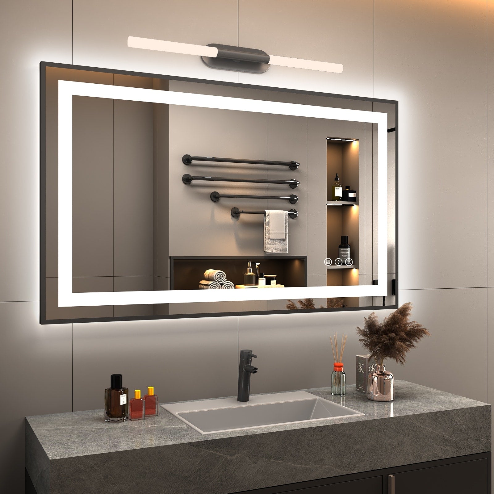 KIOTEE Super Bright Front & Back LED Lighted Anti-Fog Wall Bathroom Vanity Mirror in Tempered Glass